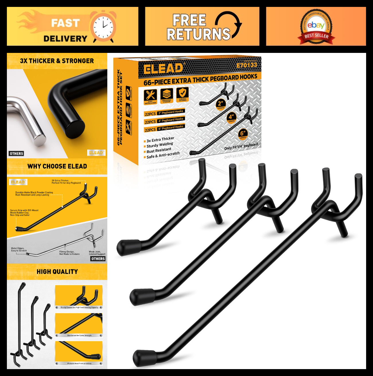 66-Piece Heavy Duty Pegboard Hooks Set - Extra Thick Tool Hangers for Garage & C