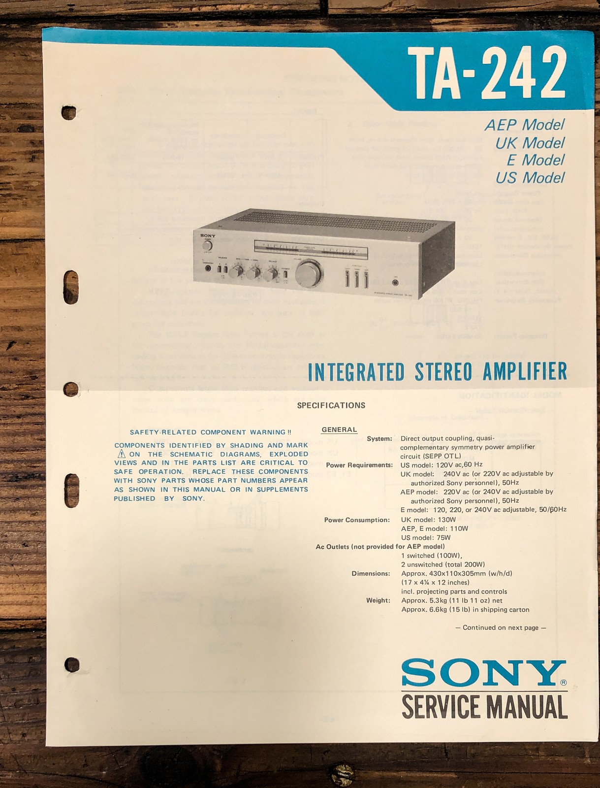 Sony TA-242 Amplifier Service Manual *Original*