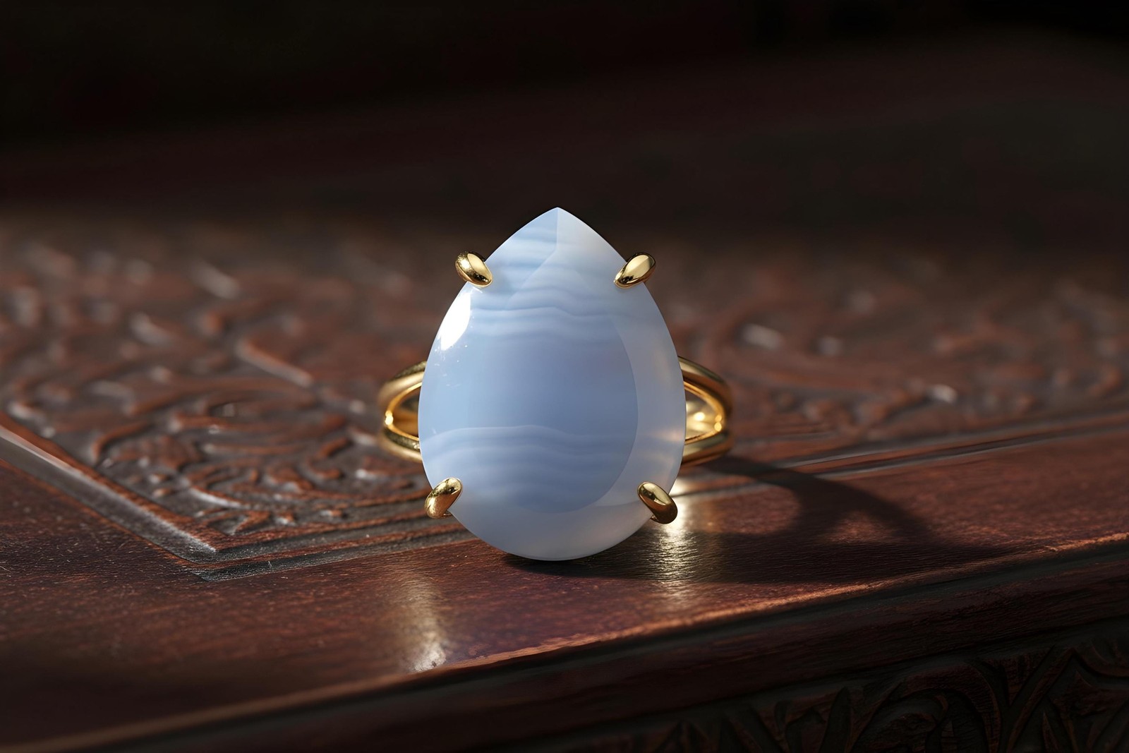 Blue Lace Agate Ring Anemone Handmade Pear Cut Solitaire Gold Filled