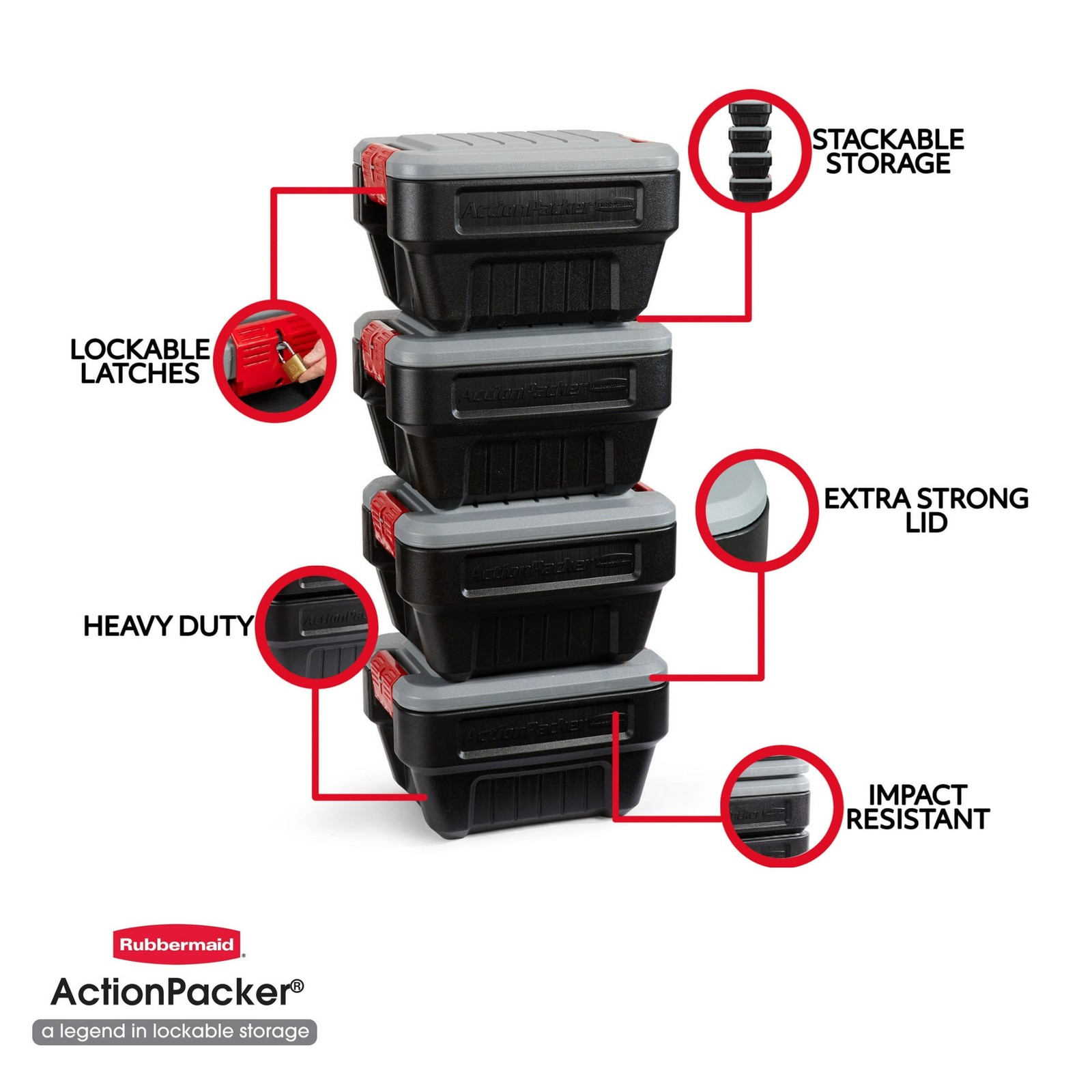 Rubbermaid 8 Gallon Action Packer Storage Bin, Heavy Duty, Lockable - Black