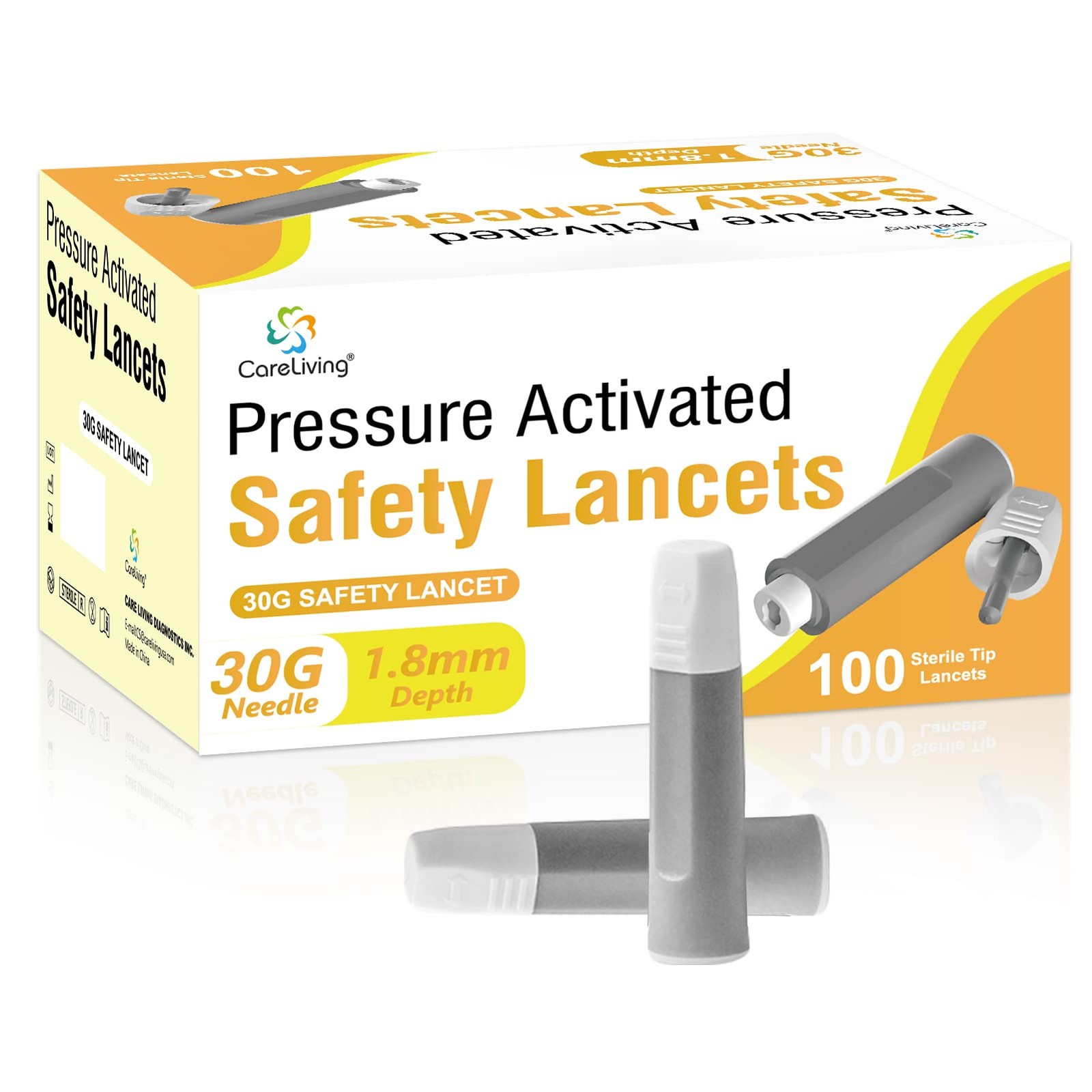 CareLiving Safety Lancets, 100 Count Sterile, Push 30 G, 30g X 1.8mm Gray