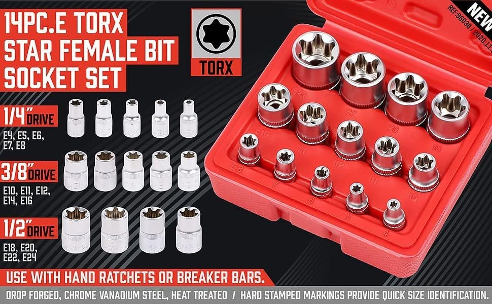 14-Piece E-TORX Socket Set - Female Torx Socket Set, Ultimate Torque Star So...
