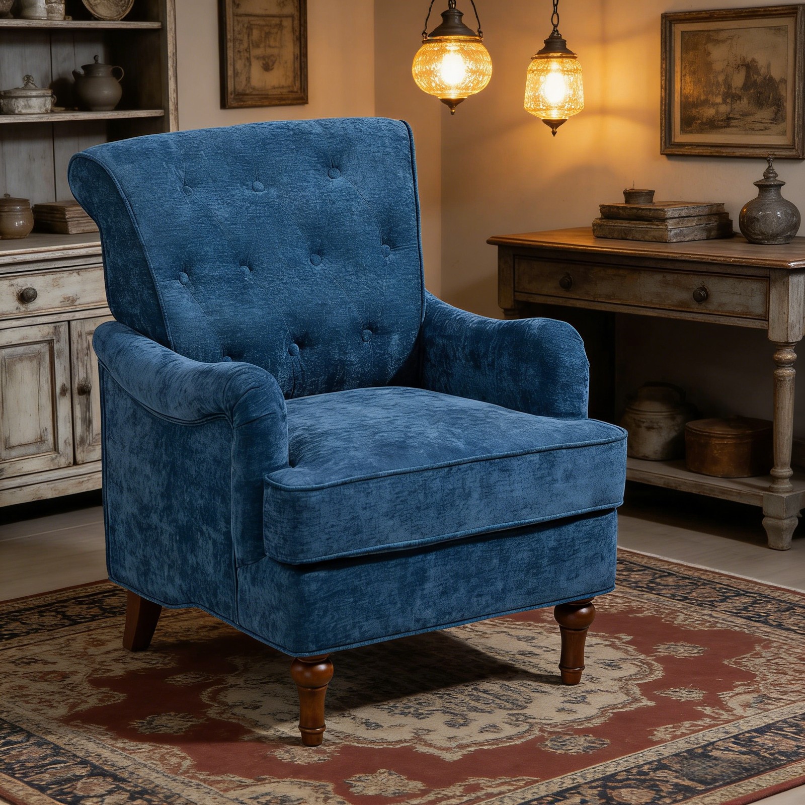 Blue Chenille Accent Chair 300LBS Upholstered Springs Cushions Retro Wooden Legs
