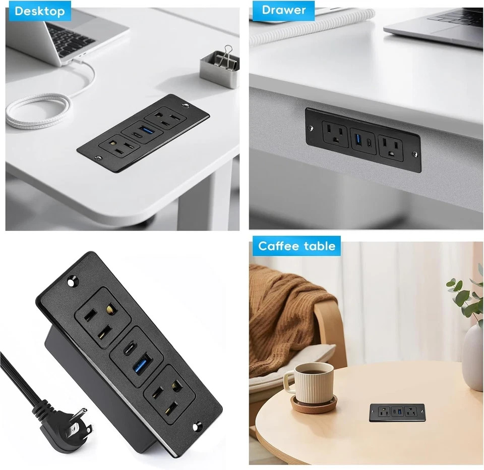 20W Recessed Power Strip USB, 2 AC Outlets + 1 USB-C + 1 USB-A Ports, 6ft Cord,