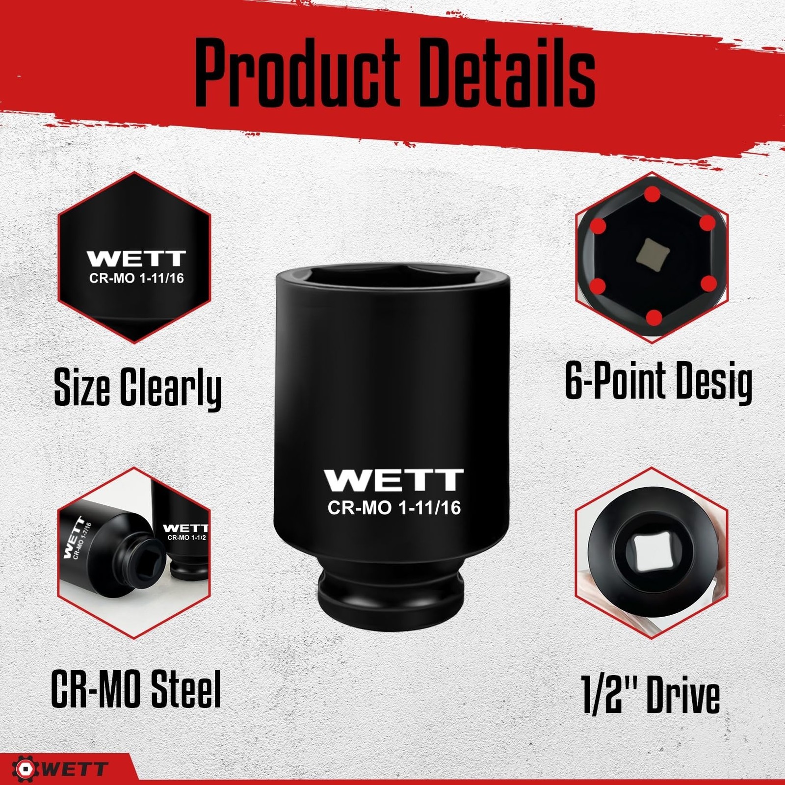 WETT 1/2" Drive Deep Large Impact Socket Set, 8-Piece Spindle Axle Nut Large ...