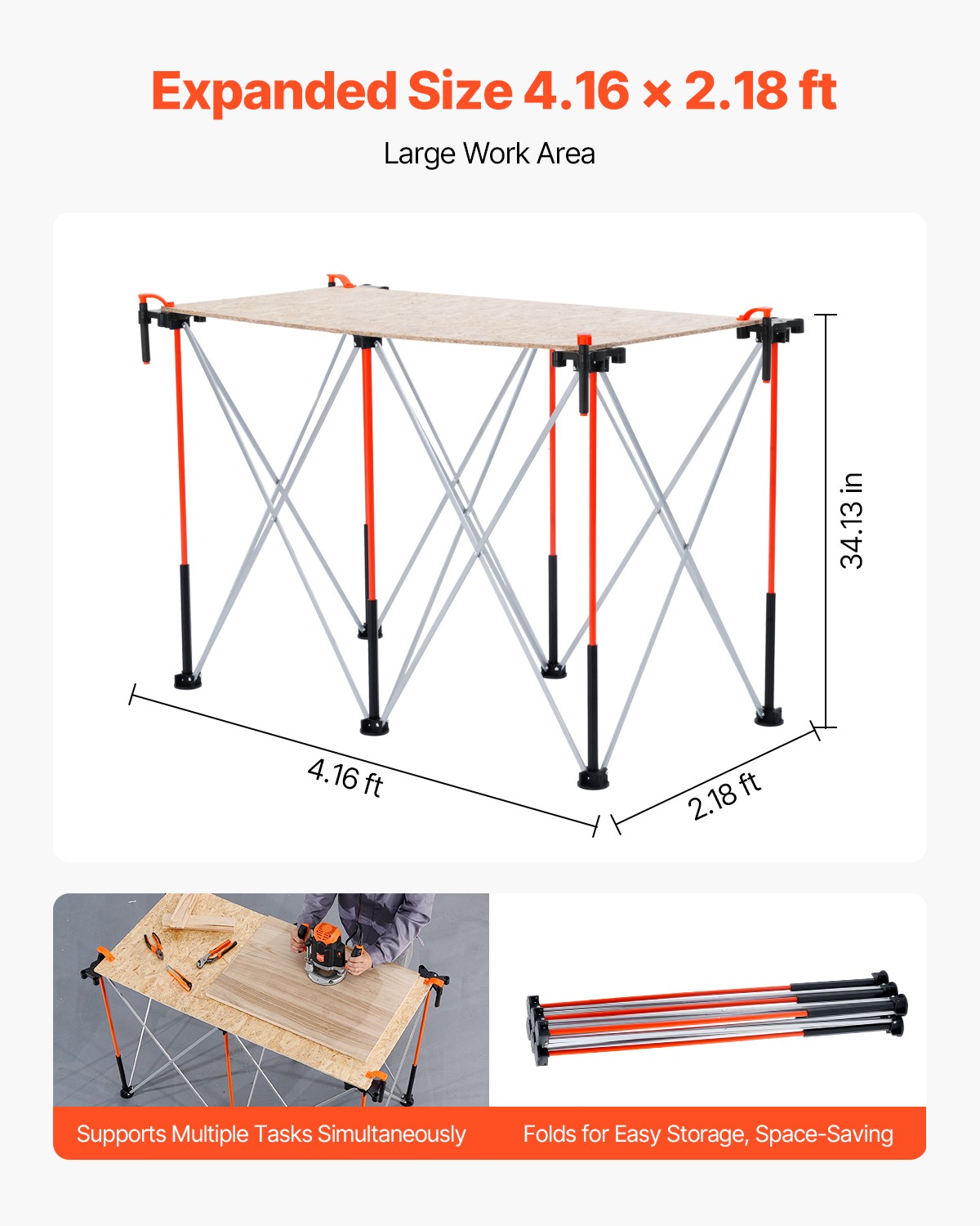 VEVOR Portable Folding Workstand 4.16 x 2.18ft Collapsible Work Stand 2500lbs