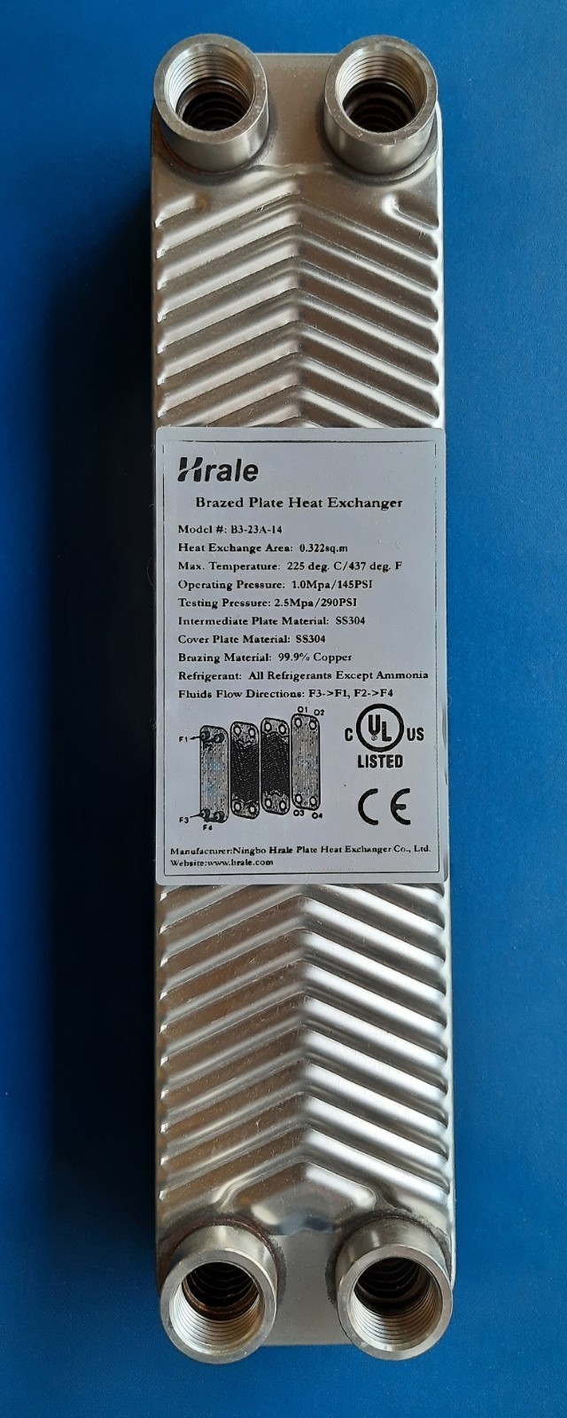 Hrale UL Listed Stainless Steel Plate Heat Exchanger 14 Plate 12"x3" 3/4" Male