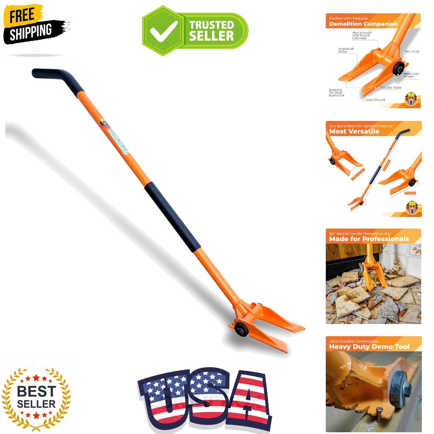 60” Demolition Pry Bar & Crowbar – Round Handle Wrecking Bar for Ceiling & Wa...