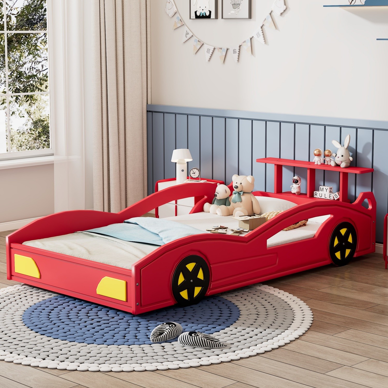 Twin Size Bed Frame Wood Platform Bed Frame with Headboard & Wheels For Teens