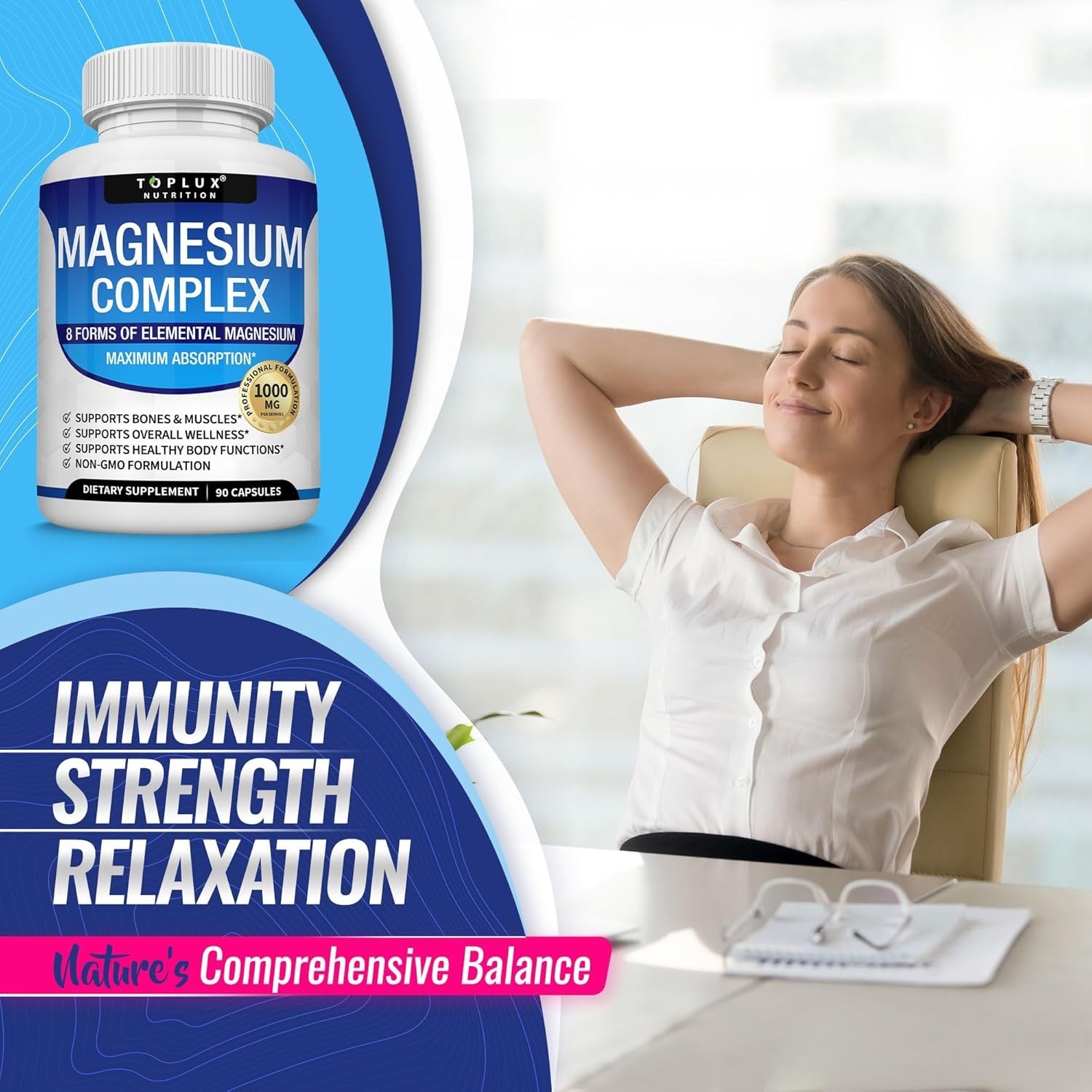 TopLux Nutrition Magnesium Complex 1000mg, 8 Forms for Sleep, Muscle & Bone