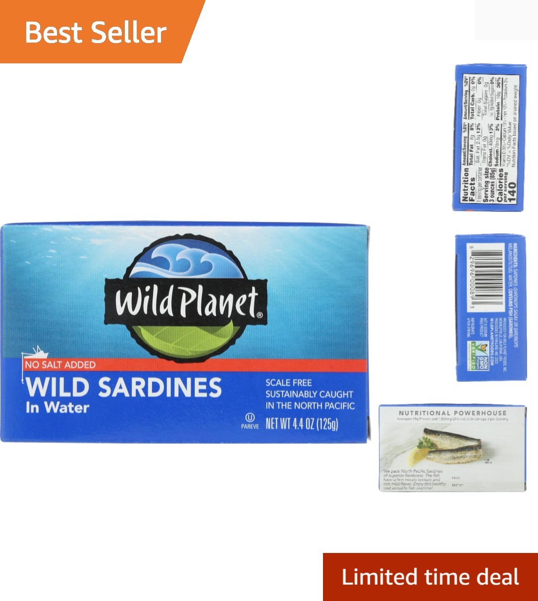Wild Planet Wild Sardines in Water, No Salt Added, Tinned FIsh, Sustainably W...