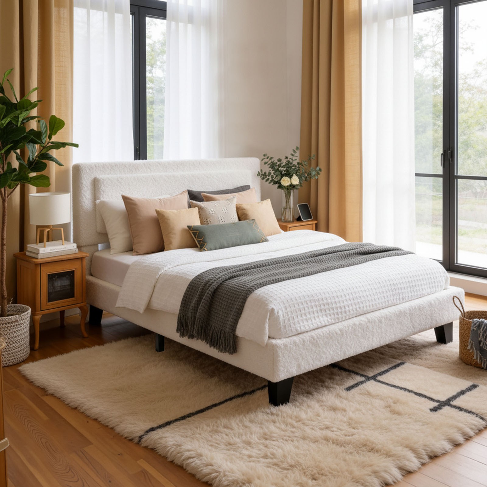 Upholstered Platform Bed Frame with Adjustable Headboard Solid Wood Full Size