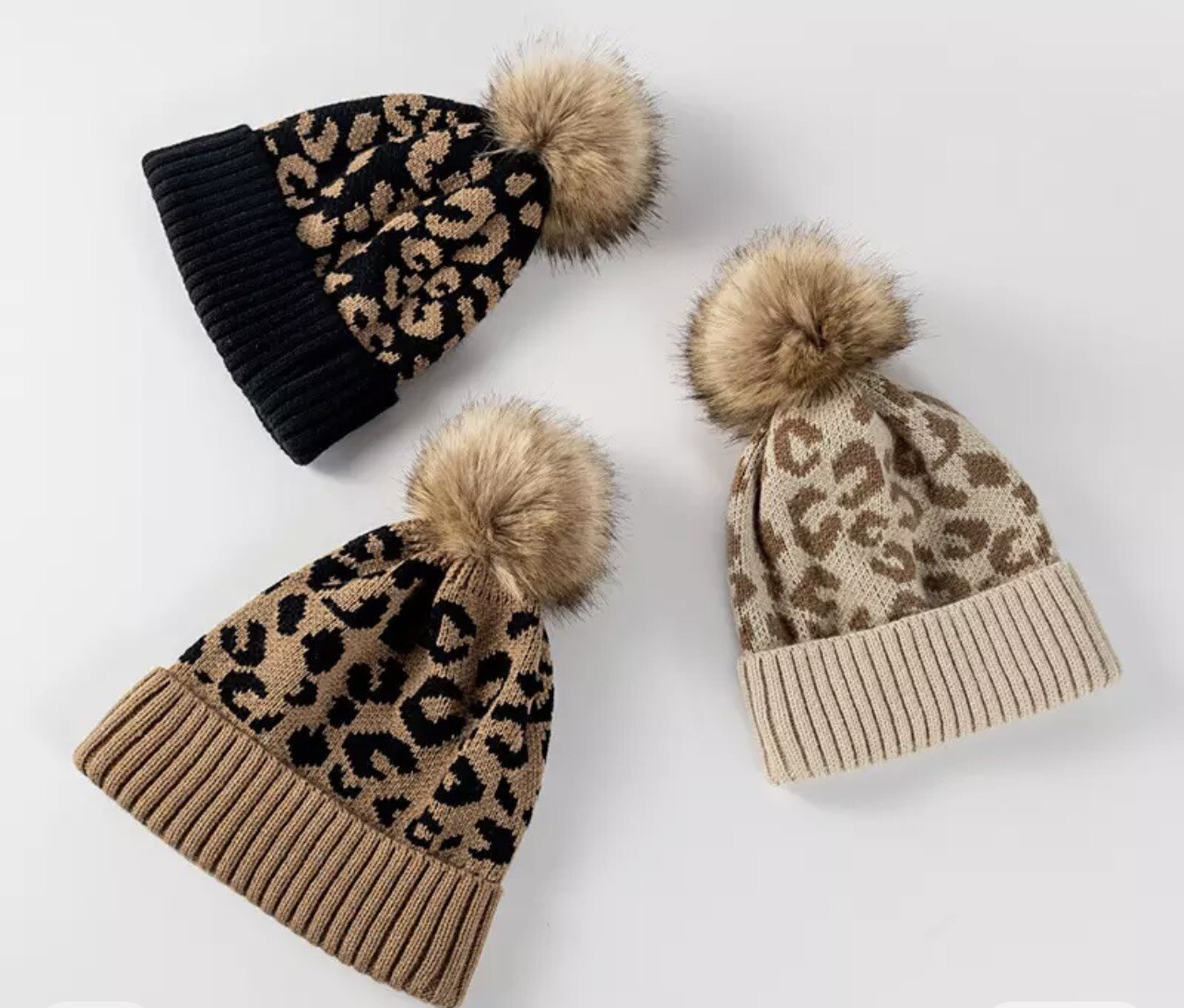 Women’s Leopard Print Beanie Winter Knit Hat With Fur Pom Pom Multi Color