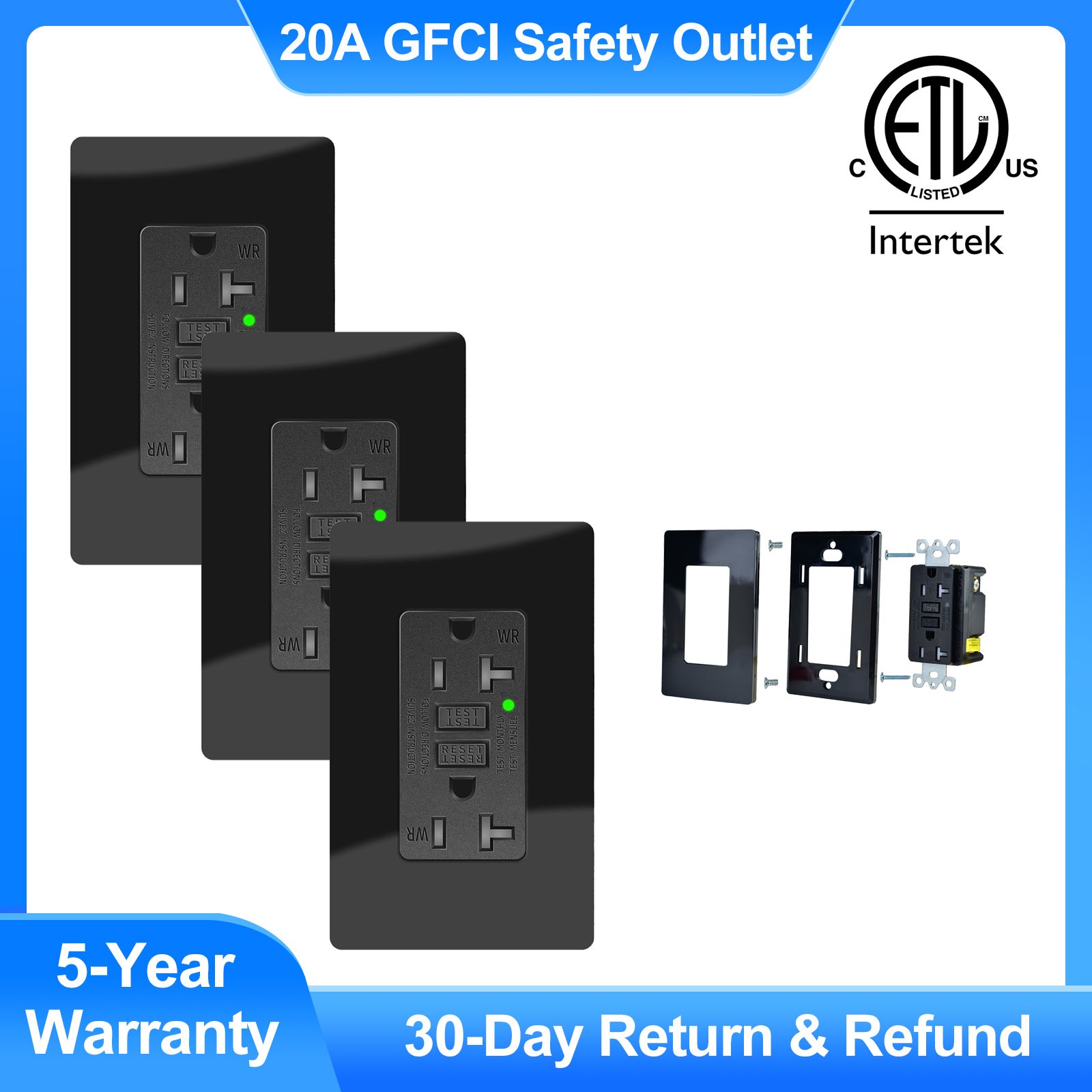 3PK Upgraded 15A Black GFCI Outlet Hidden Screws ETL Listed Weather Resistant TR