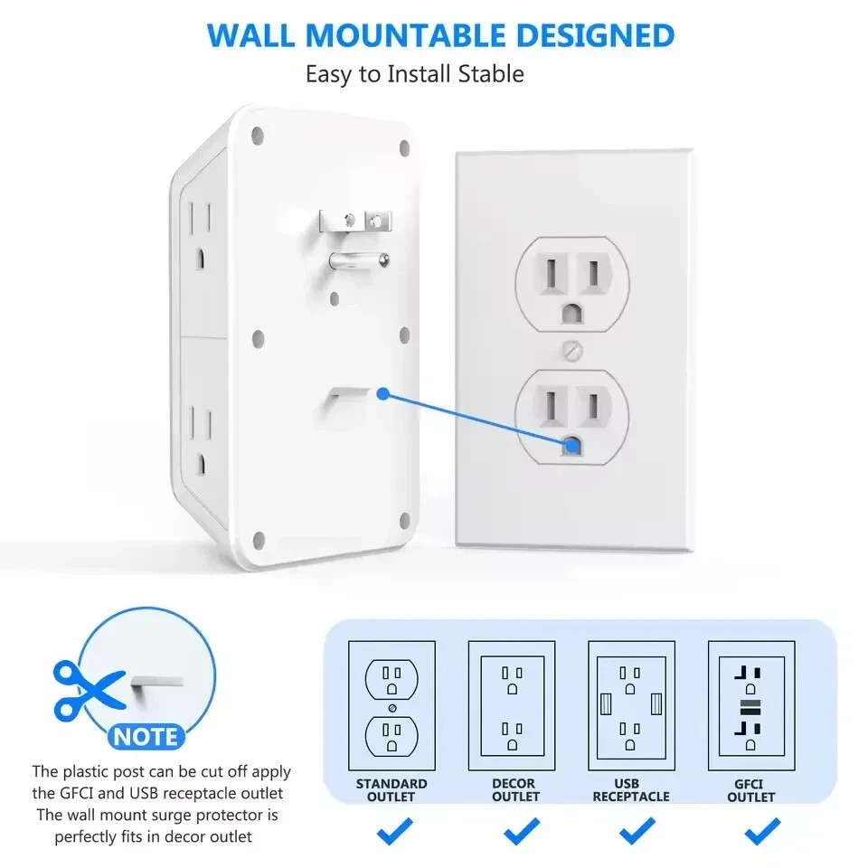 6 Outlet Extender Surge Protector Multi Plug Wall Adapter USB Charger Ports with