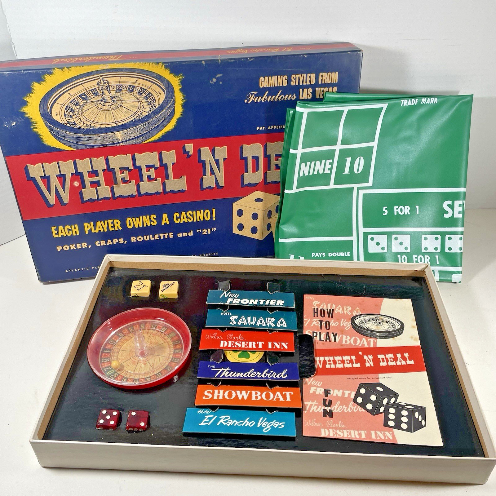 Wheel N Deal Las Vegas Casino Game Set Vintage 1954 with 1950s Casino Logo Dice