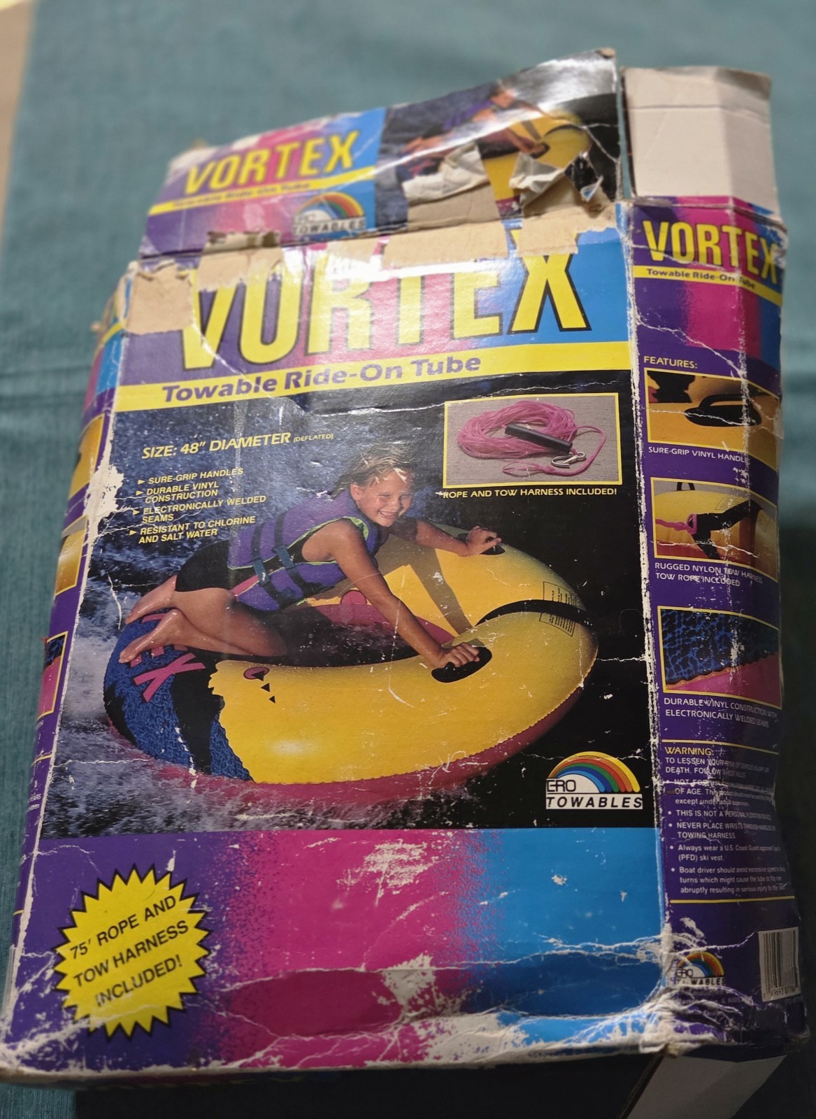 Inflatable Water Ride On Tube Towable w/ Rope & Harness Welded Seams Vortex 48"