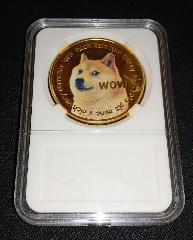 DOGECOIN Gold Plated Doge Coin in Case w/ 19 Dogecoin Stickers! Elon Musk
