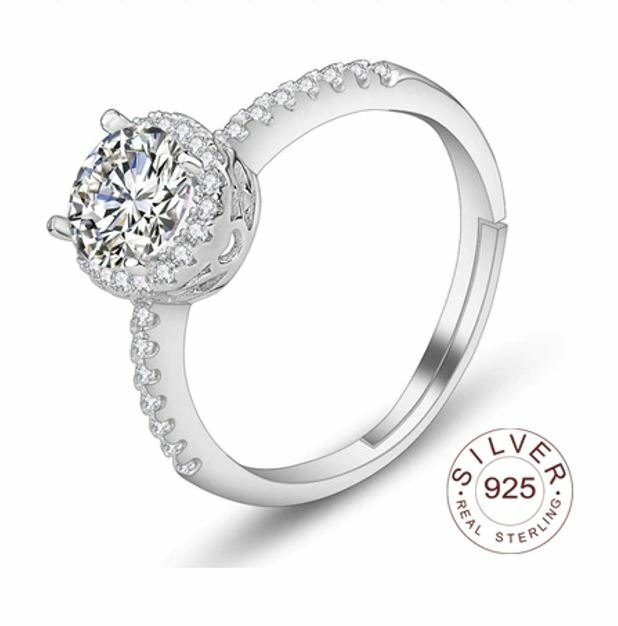 White 14K Gold Plated S925 Sterling Silver CZ Wedding Engagement Adjustable Ring