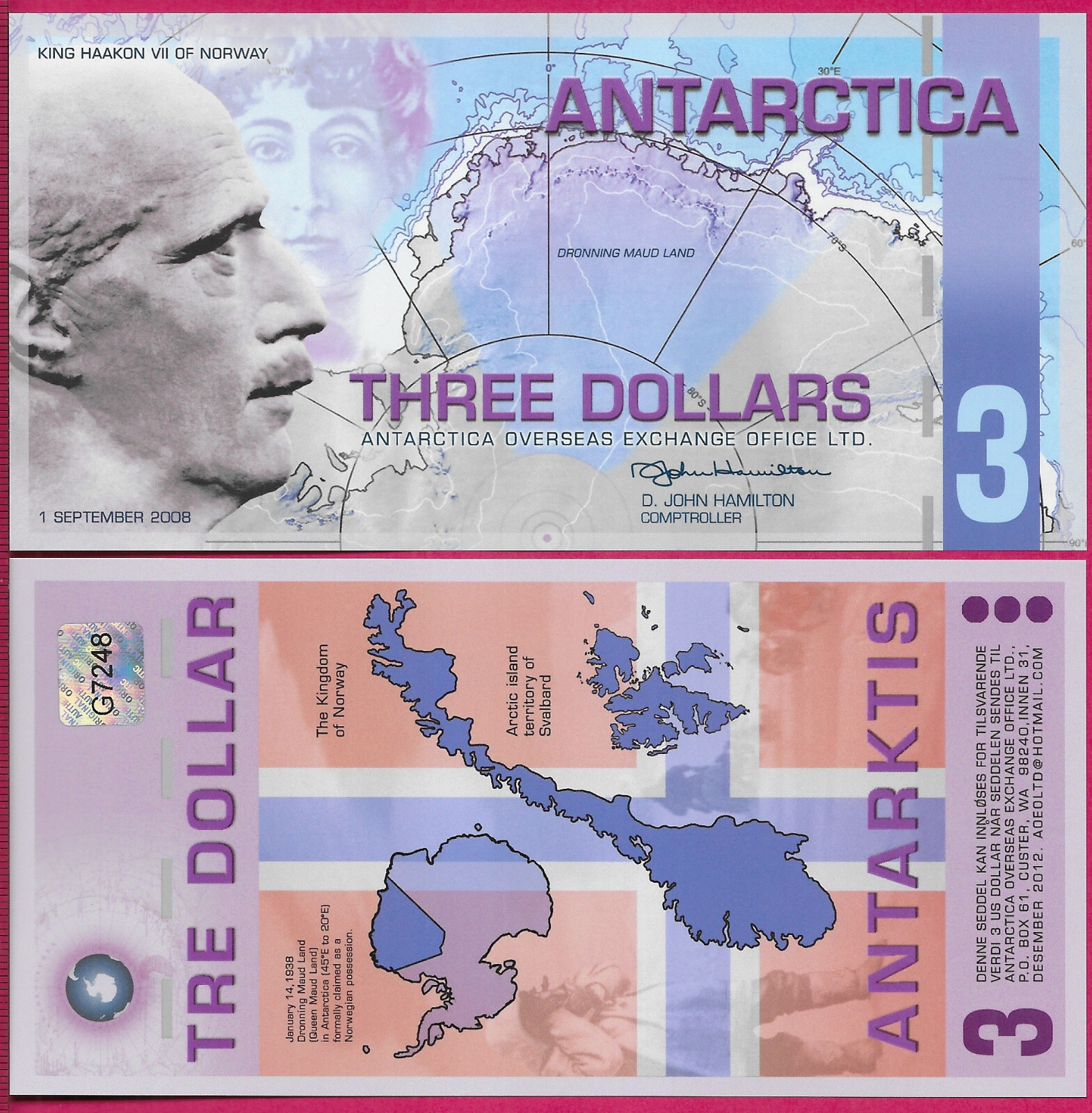 ANTARCTICA 3 DOLLAR 2008 NEW FANTASY NOTE,KING HAAKON VII OF NORWAY,MAP OF A POR
