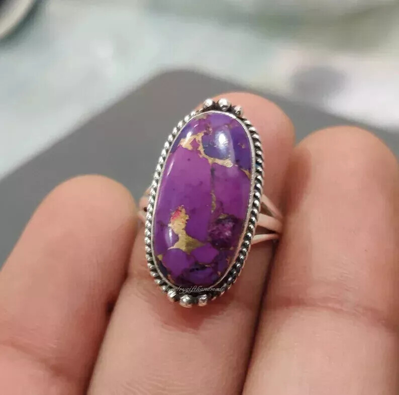 925 Silver Handmade Statement Woman Purple Copper Turquoise Ring All Size R216