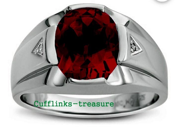 Natural Garnet & CZ Gemstones with 925 Sterling Silver Ring For Men's  #3T3