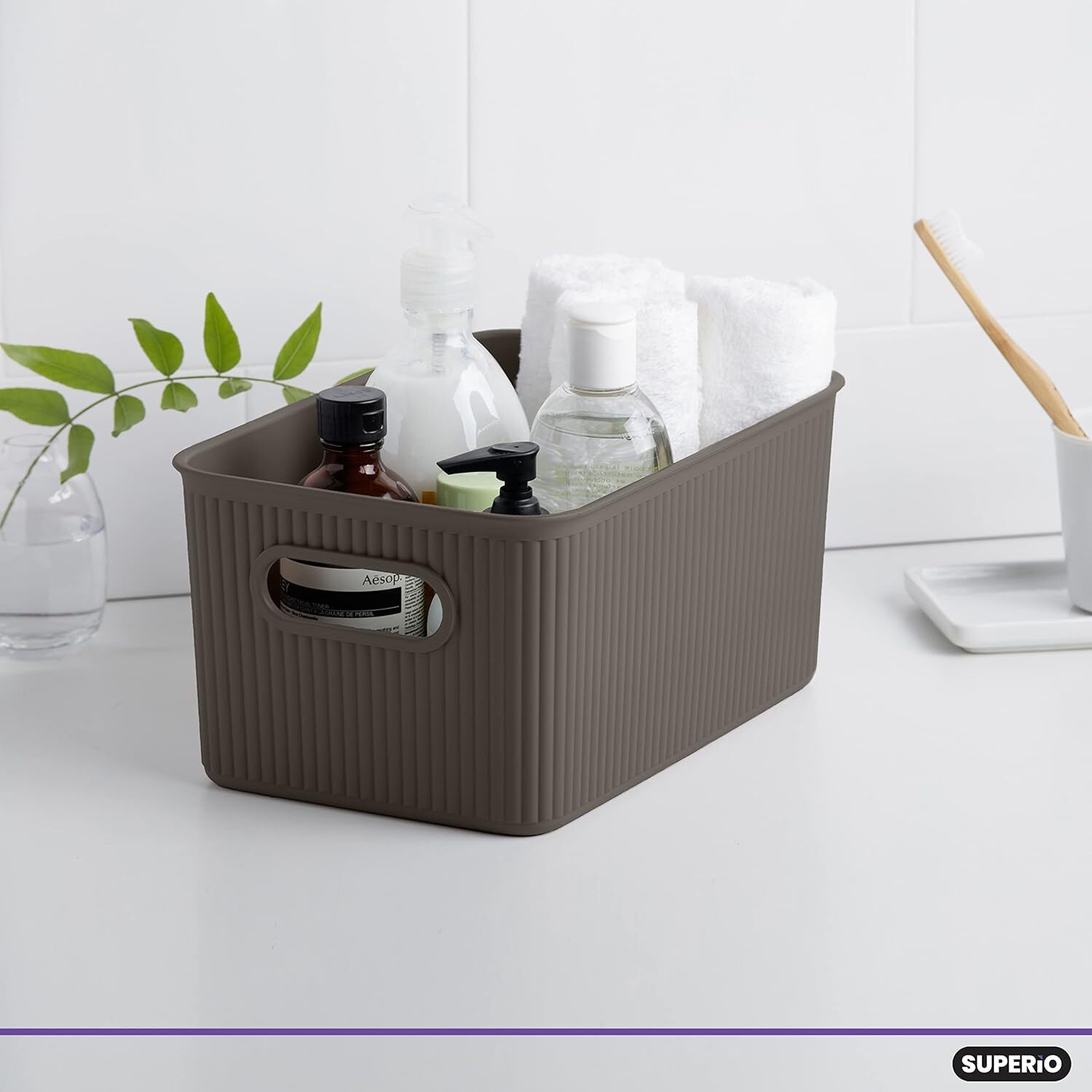 Superio 5L Small Brown Ribbed Storage Bin with Lid, Plastic Storage Basket