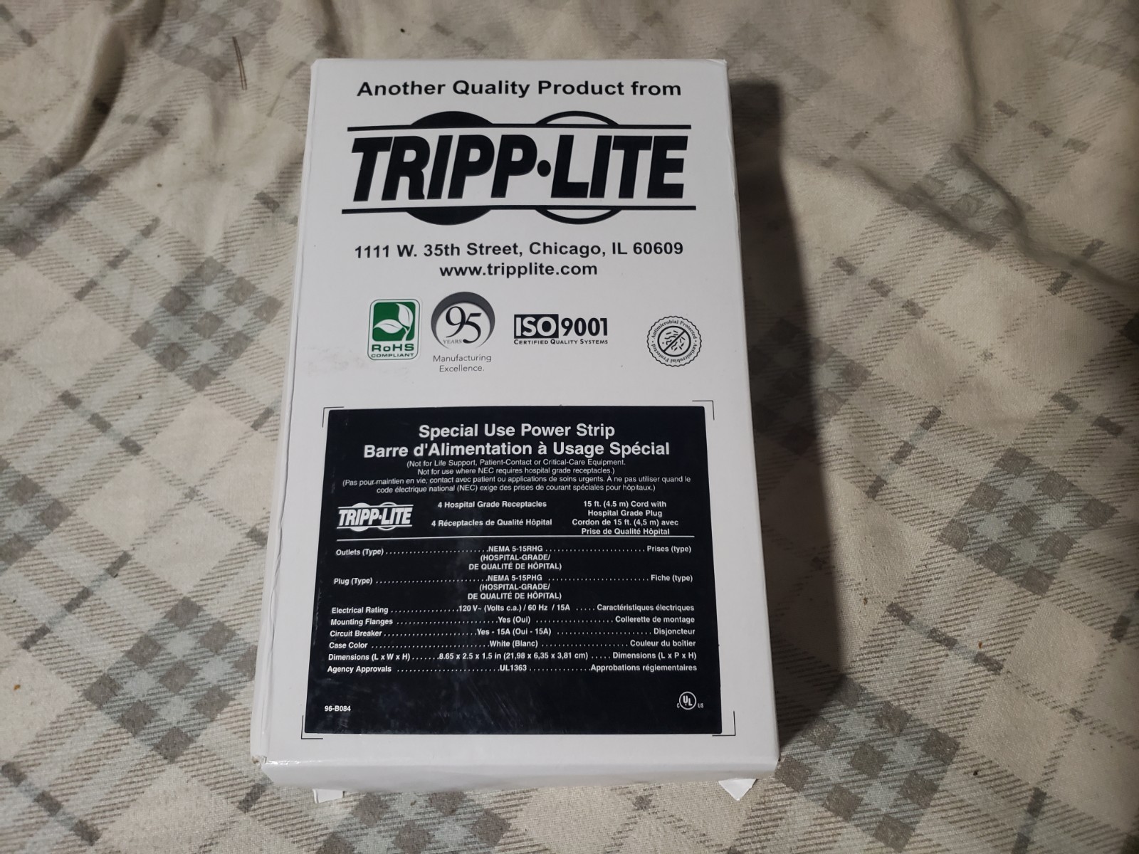 Tripp Lite PS-415-HG 4-Outlet Power Strip With 15 Ft Cord Hospital Grade White