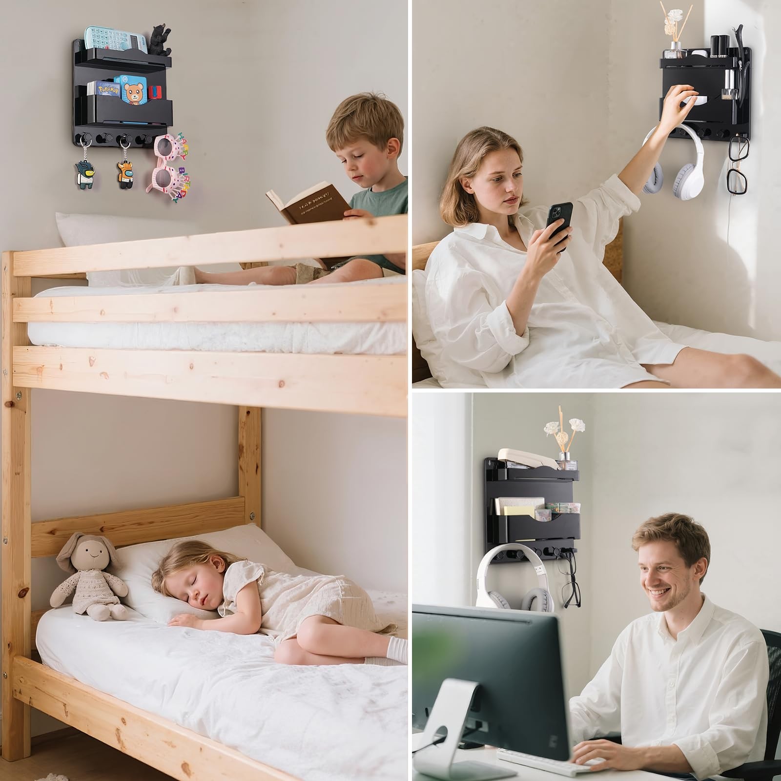 Bedside Wall Shelf with Glasses Hooks ，Adhesive Bedside Organizer Wall Mount ...