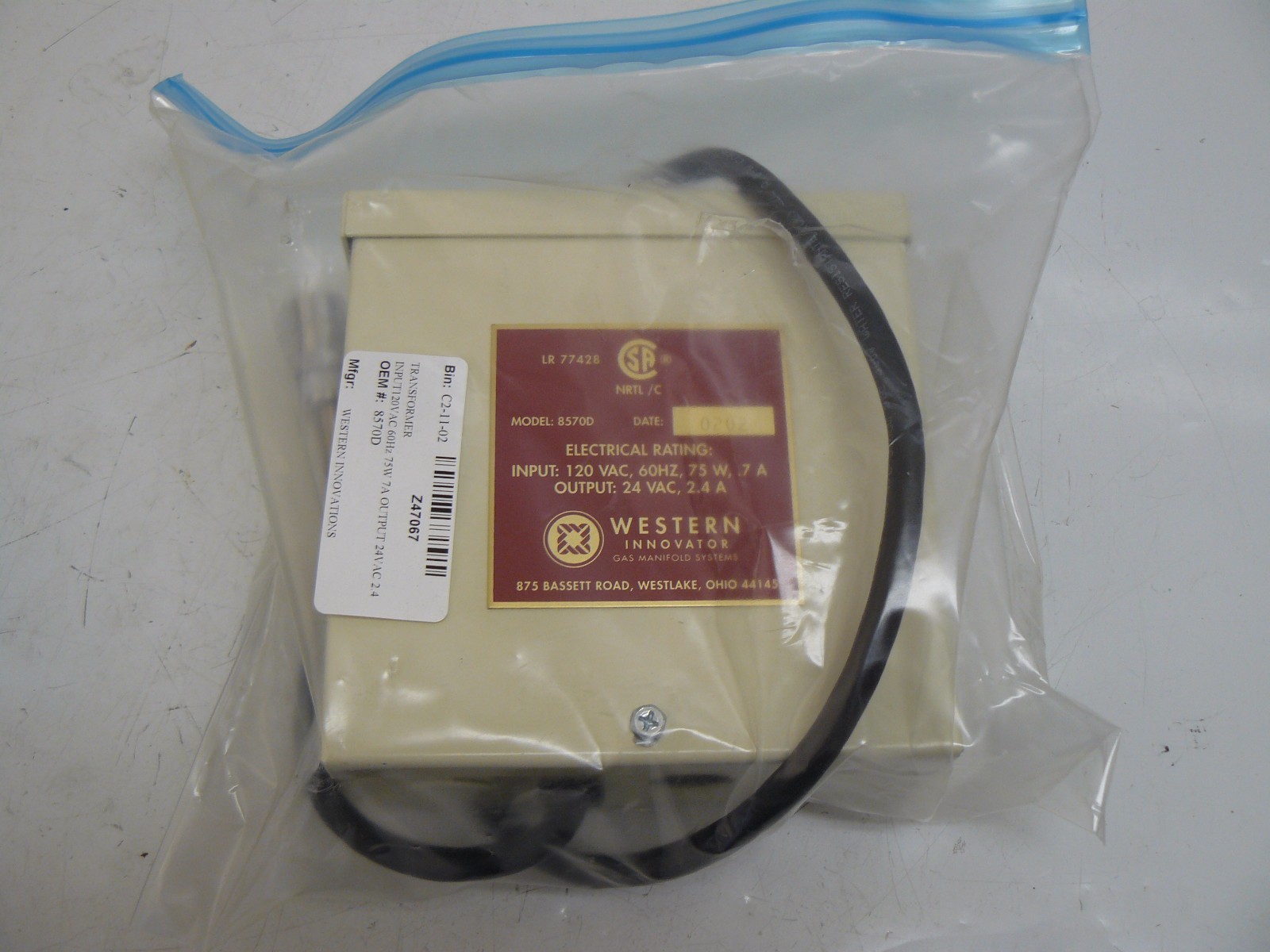 WESTERN INNOVATOR 8570D TRANSFORMER INPUT 120 VAC OUTPUT 24 VAC NEW
