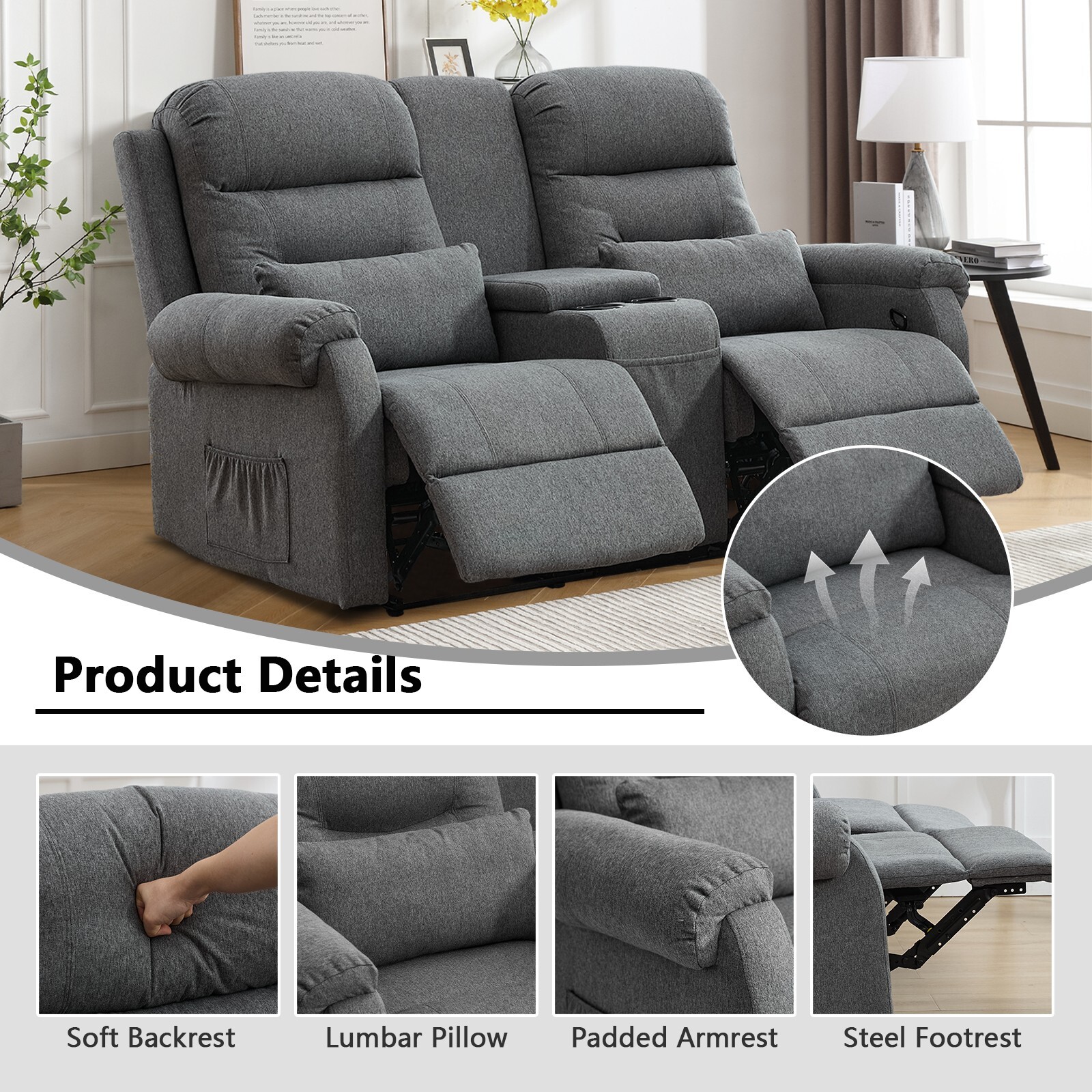 Manual Loveseat Recliner Home Theater Seating Reclining Sofa w/Storage Console