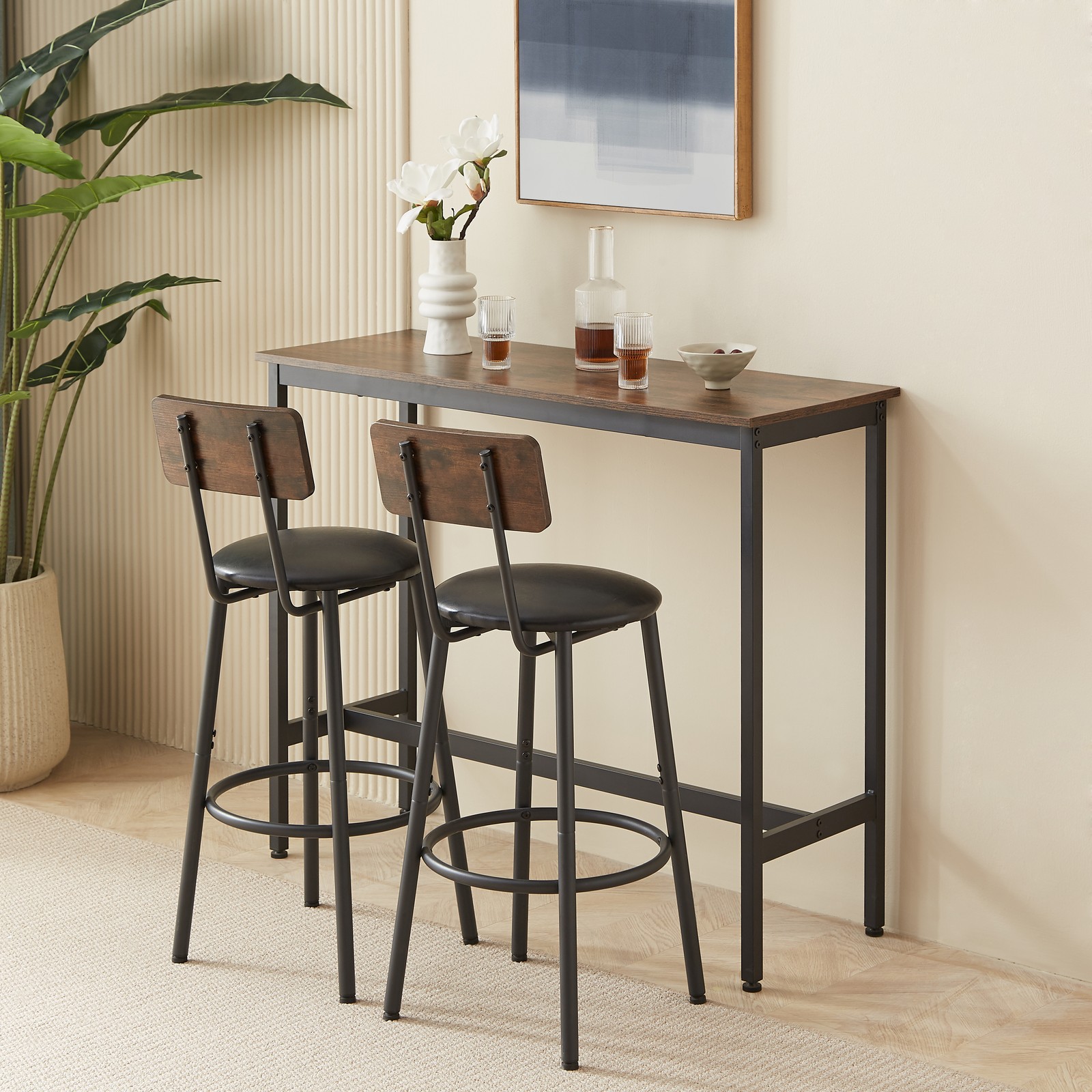 Bar Table Set w/ 2 Bar stools PU Soft seat & backrest 43.31"x15.75"x35.43"
