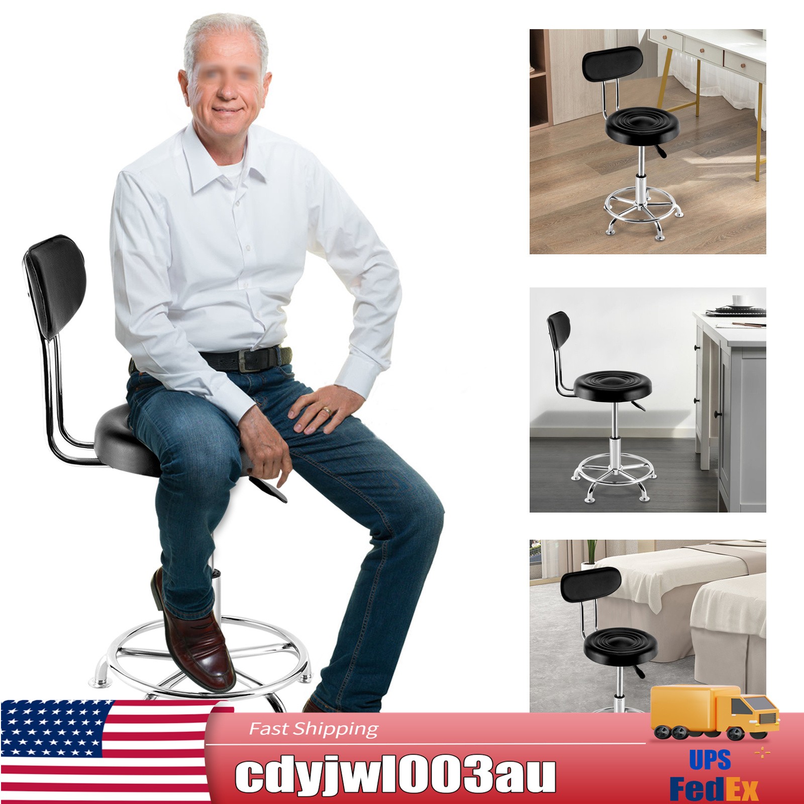 Black Garage WorkShop Stool Bench Mechanics Swivel Chair Height-Adjustable Seat