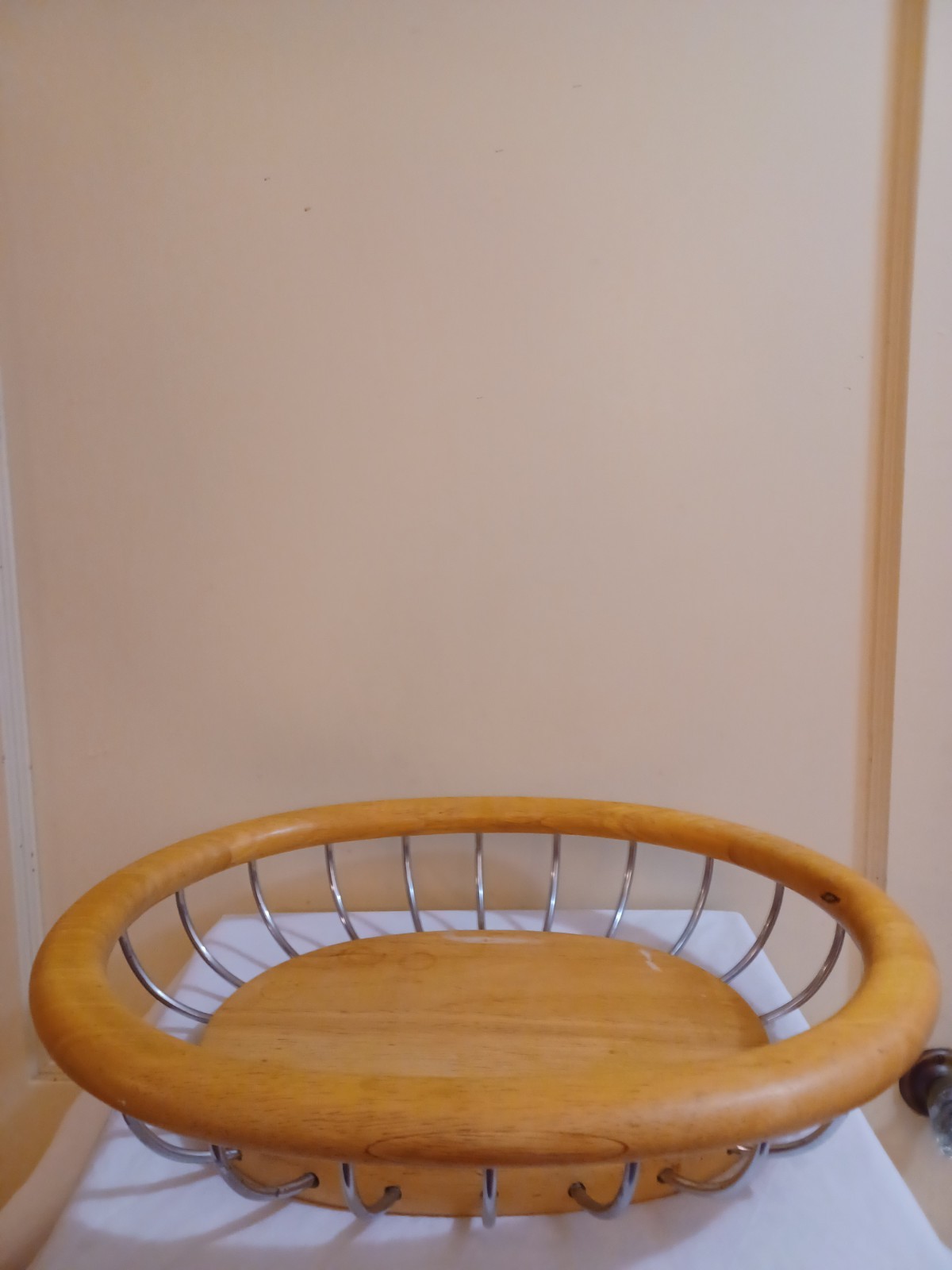 Large Solid Wood & Metal Basket Bread or Fruit Light Oak Rim & Base Oval 16.5"
