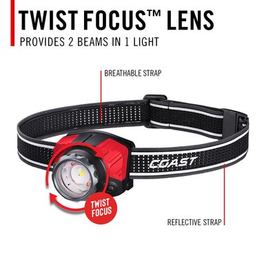 Coast 31161, FL85R 1250 Lumen Pure Focus Rechargeable Headlamp w/Red Green LEDs