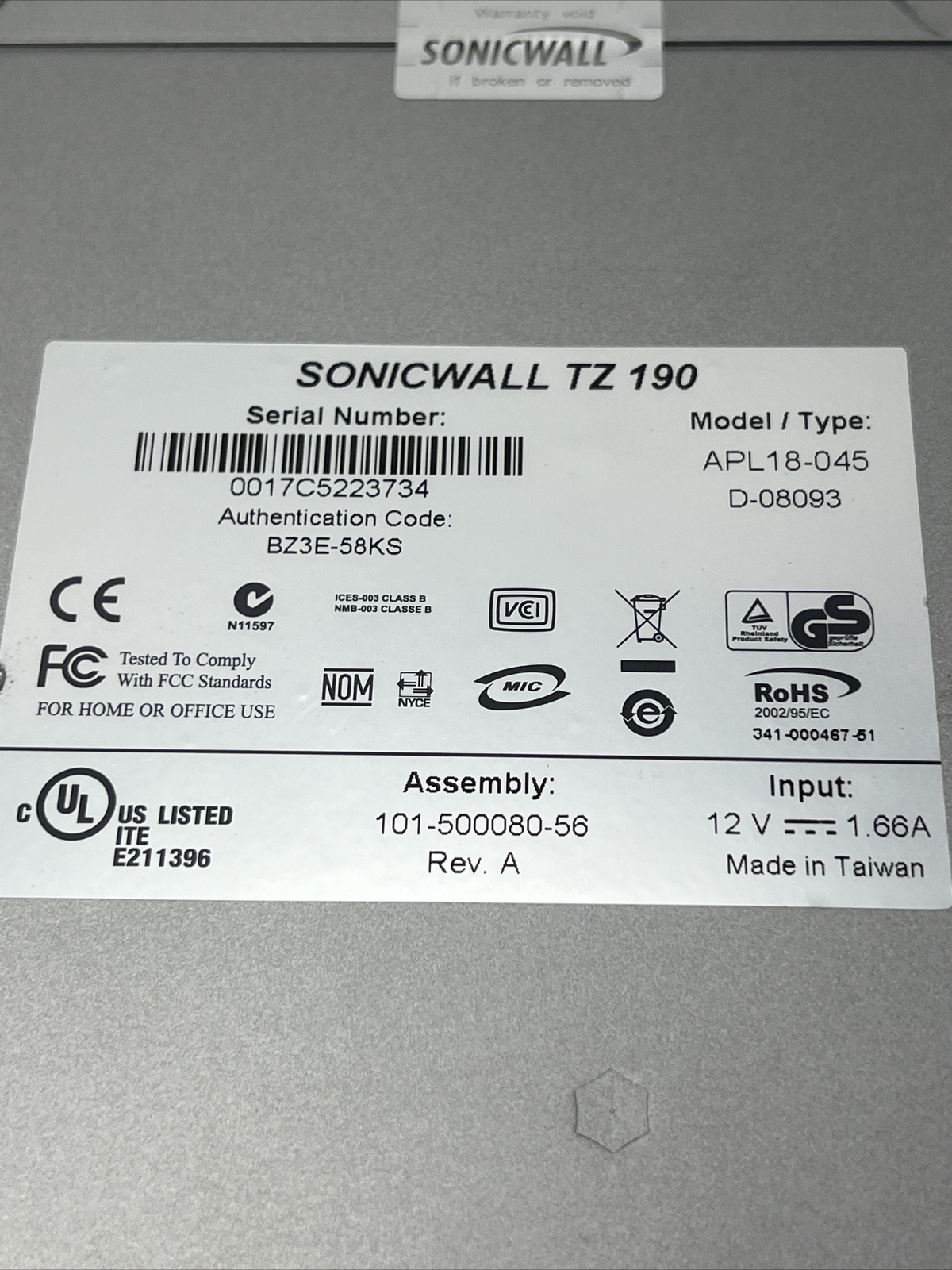 Sonicwall TZ 190 Security Appliance Works APL18-045
