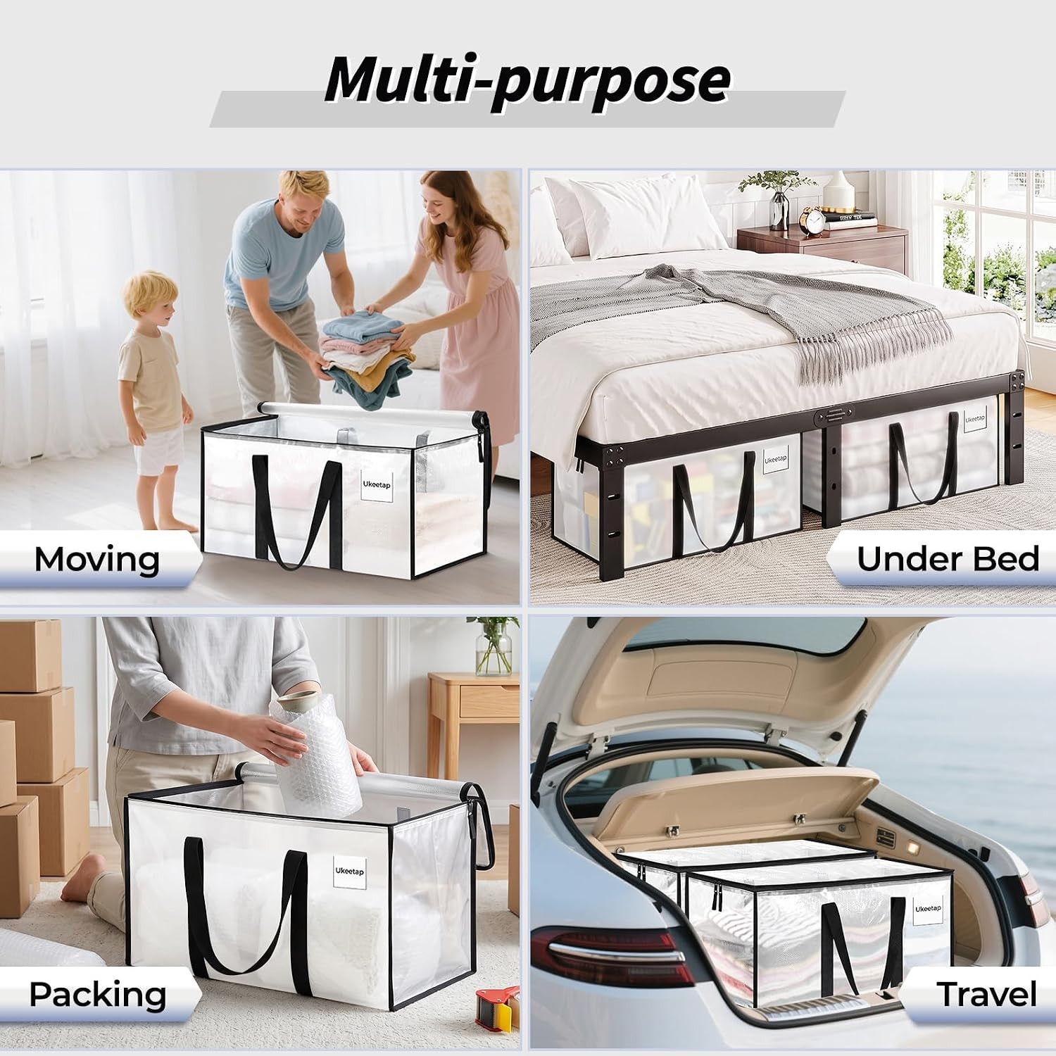 8 Pack Extra Large Heavy Duty Moving Bags, Clear Storage Bins with Lids, Reinfor