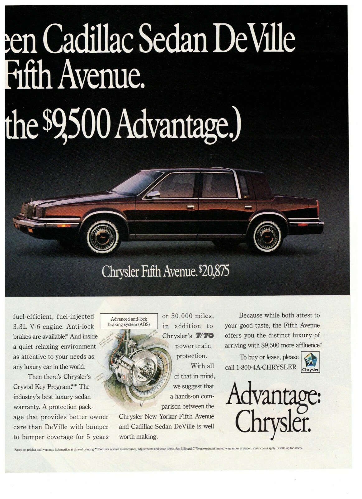 Chrysler Fifth Avenue Advantage Fair Comparison Two Page Vintage 1990 Print Ad
