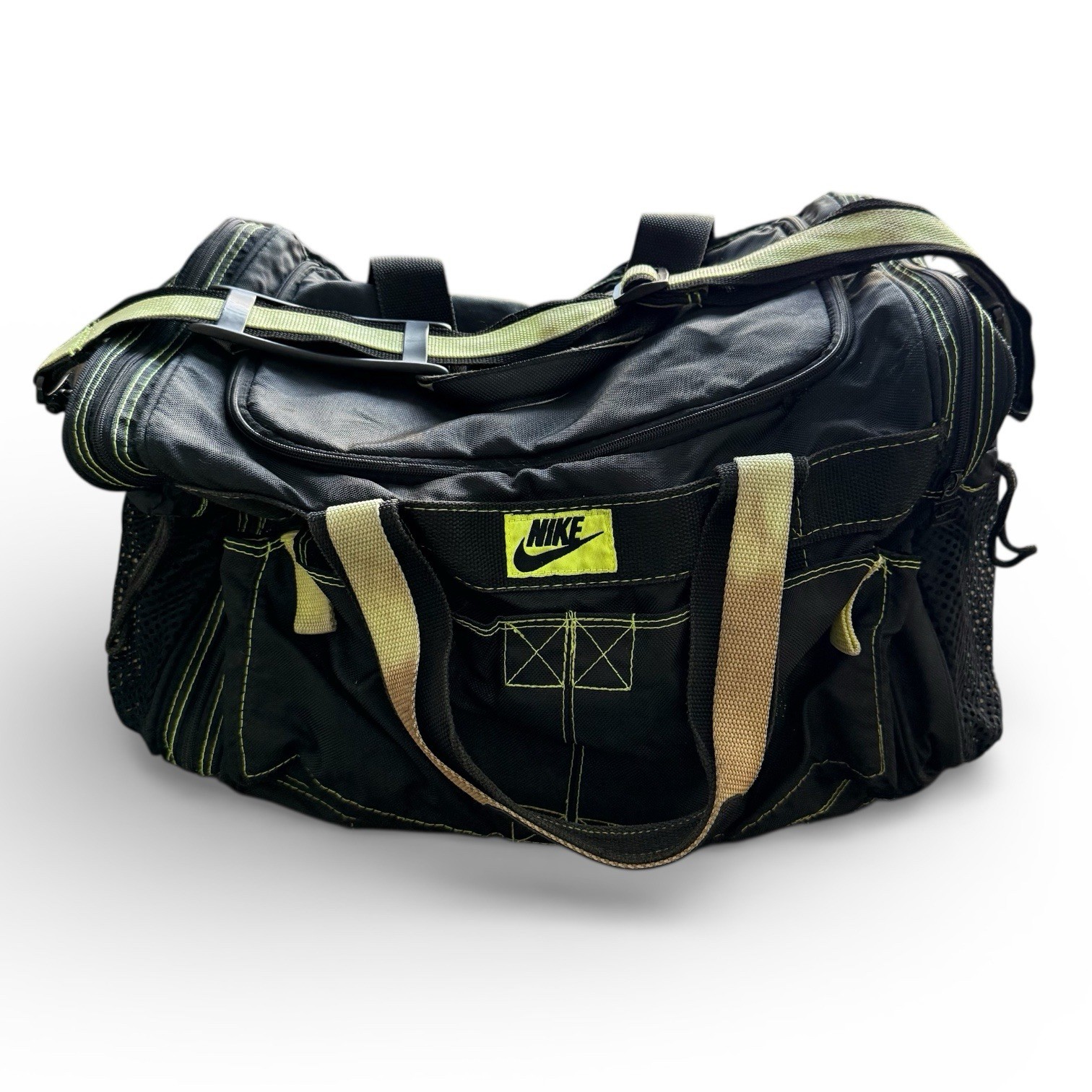 Vtg Nike Y2K 90s Duffel Duffle Bag Black Volt Swoosh Gym Workout Small/Medium