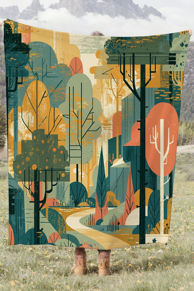 Abstract Forest Trail Coral Fleece Cozy Throw Blanket Modern Elegant