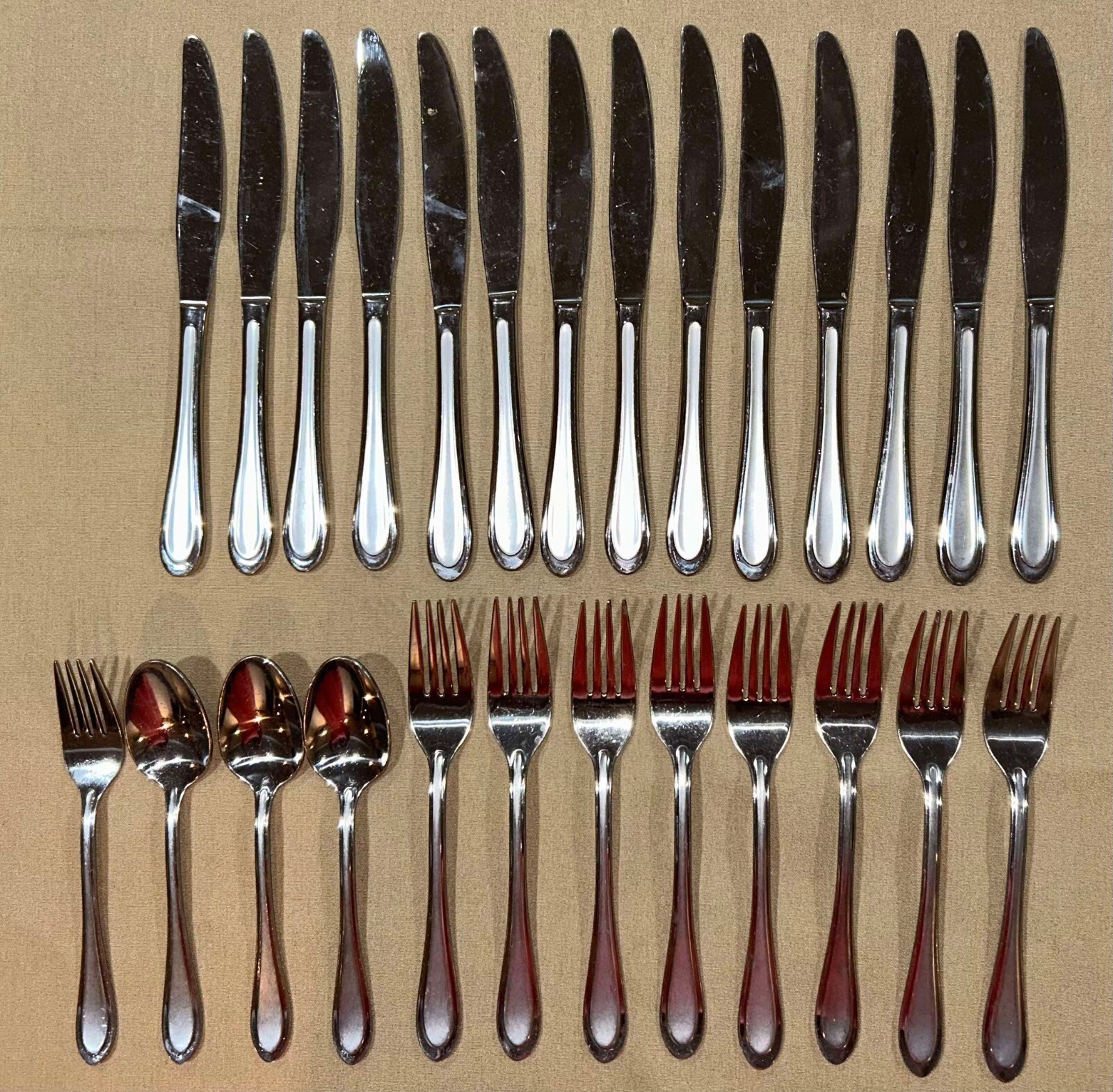LOT (26) ONEIDA Joann Joanne Dinner Knives Forks Teaspoons Satin Handle Brushed