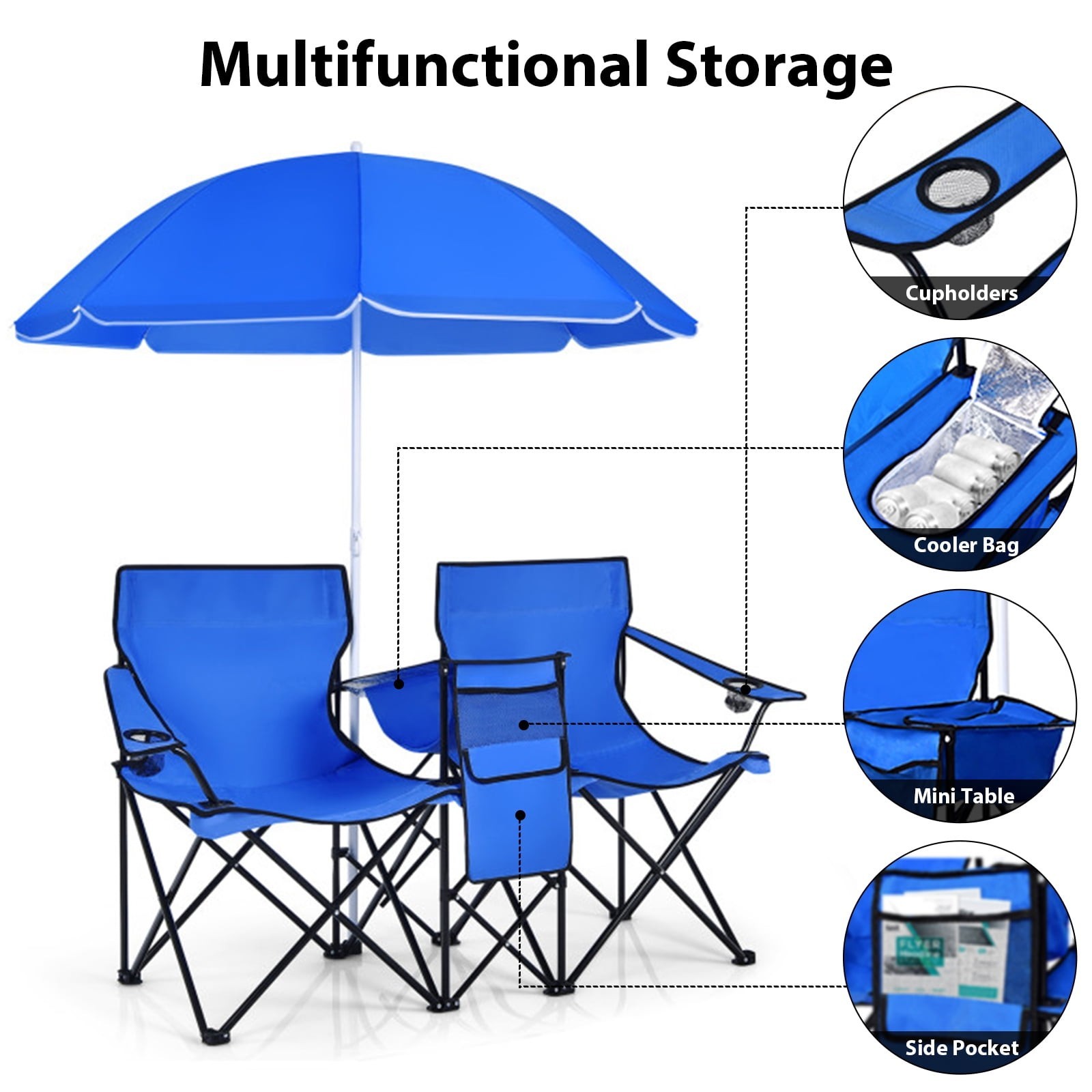 Portable Folding Picnic Double Chair With Removable Umbrella Blue