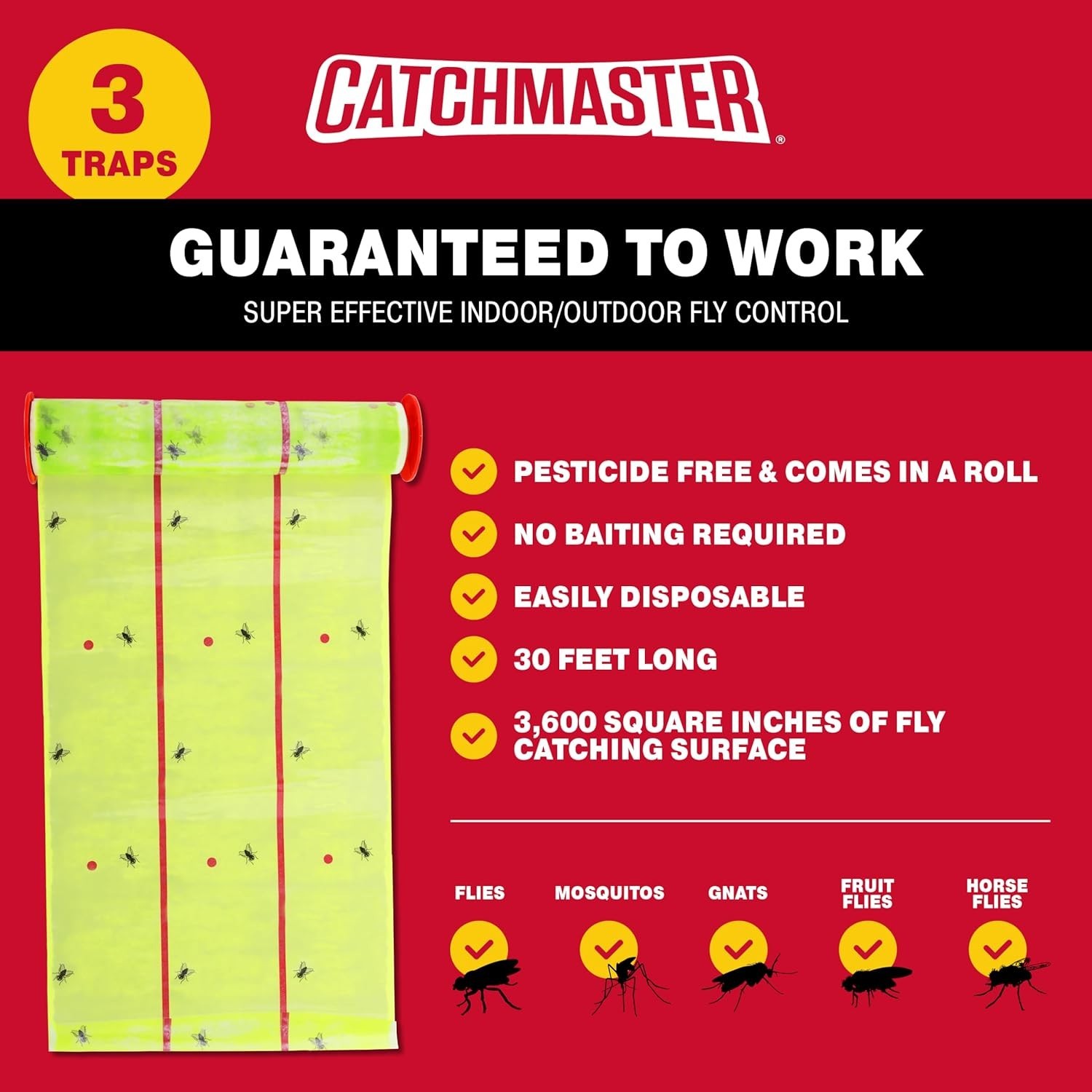 Giant Fly Glue Trap 3-Pack 30 Feet Each, Adhesive Fly Traps Outdoor, Sticky Bug