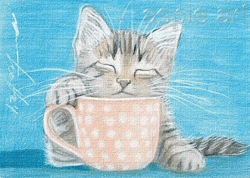 ACEO print limited edition tabby kitten with coffe cup cat by Anna Hoff