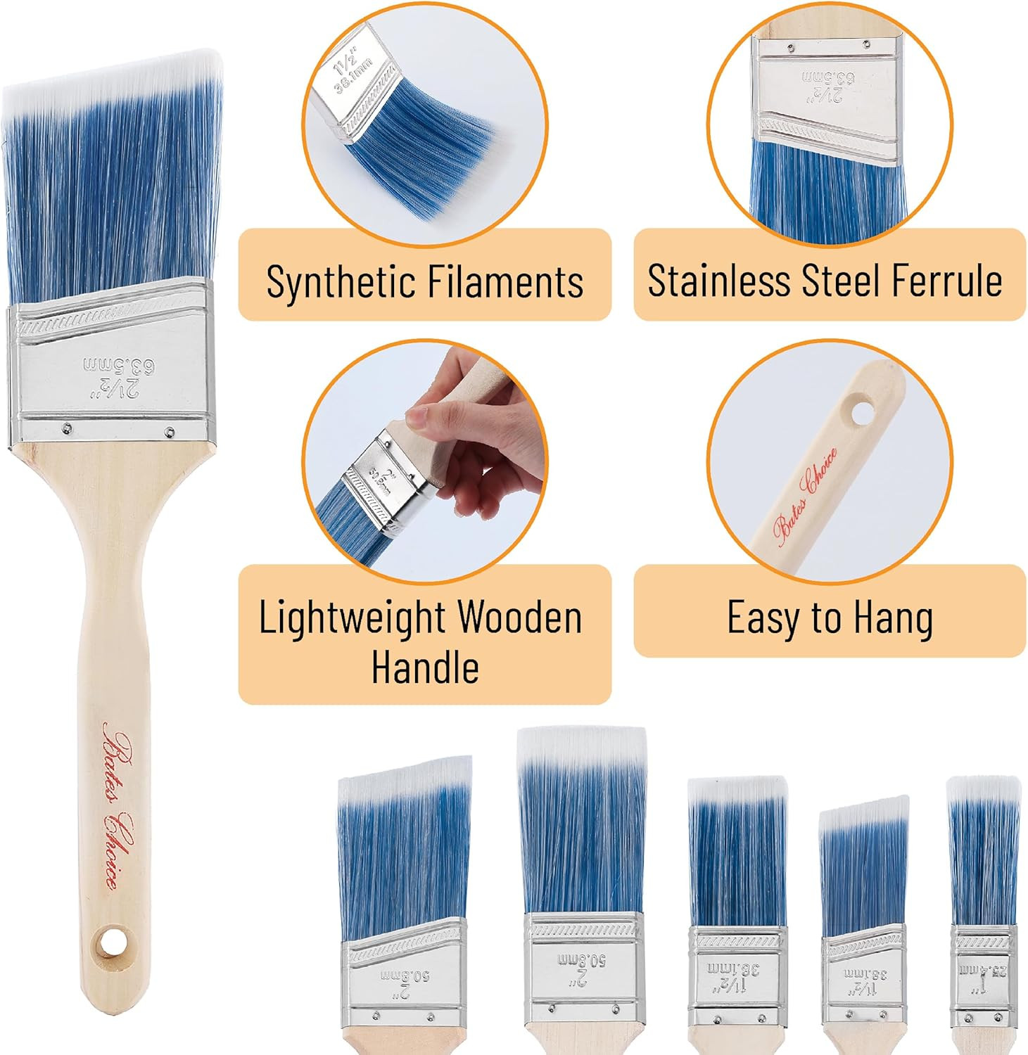 Bates Paint Brushes - 6 Pack, 1", 1.5", 2" Angle Brushes, Treated Wood Handle fo