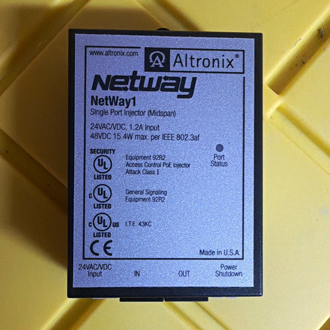 Altronix NetWay1 Single Port Injector (Midspan) 48VDC IEEE 802.3af 15.4W
