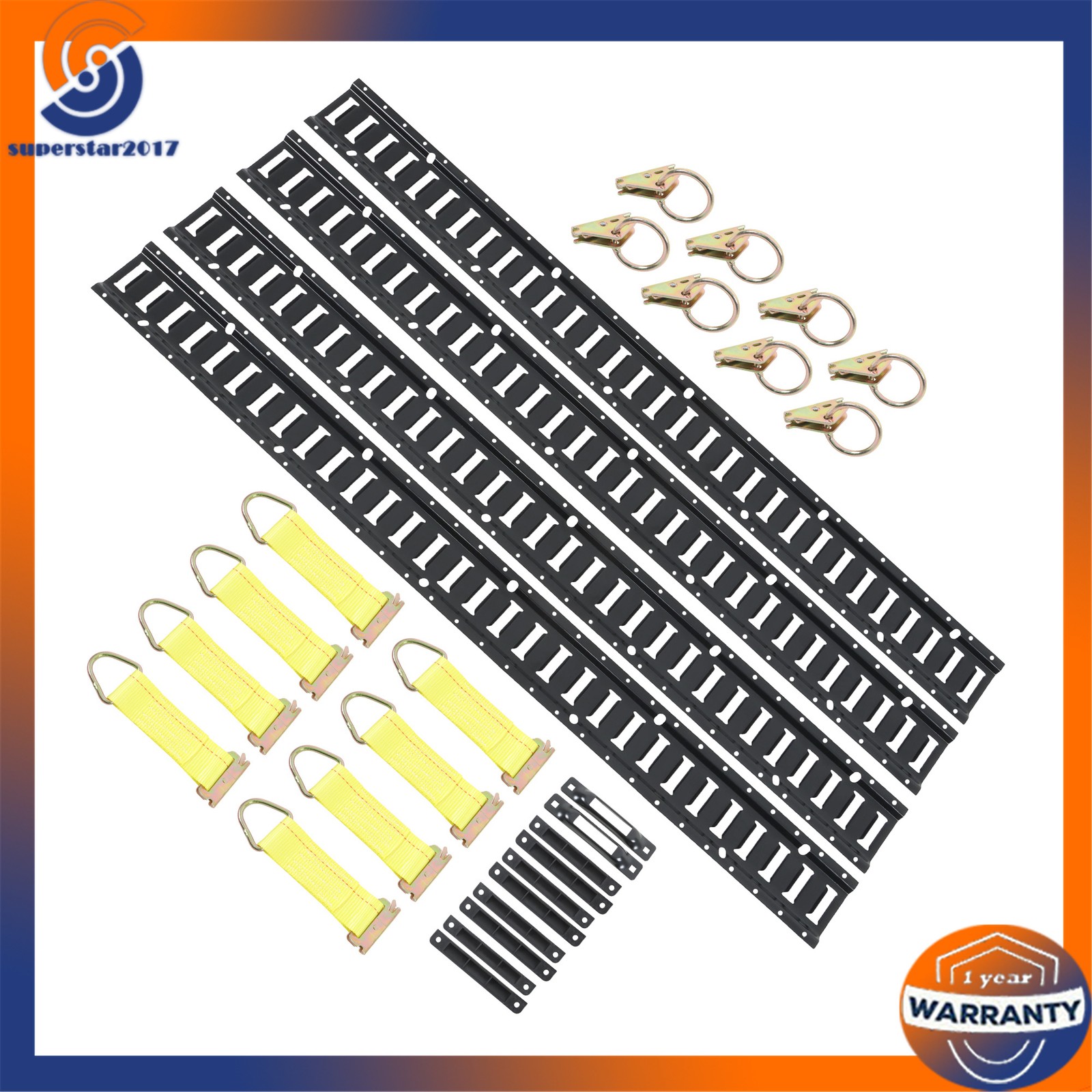 30PCS E-Track Kit 4x 5FT Black Rails 8 D-Rings 8 O-Rings 8 Caps 2 Bike Slots