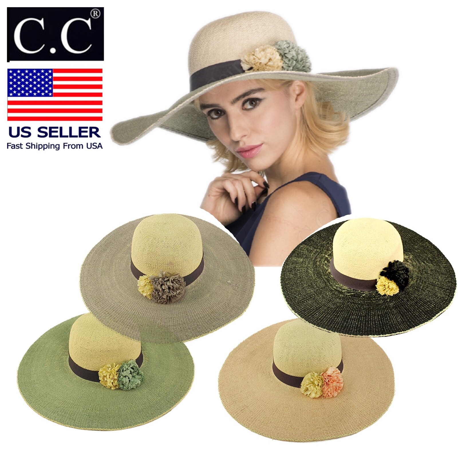 C.C Women Floppy Sun Beach Straw Hats Wide Brim Packable Summer Cap Wide Brim 5"