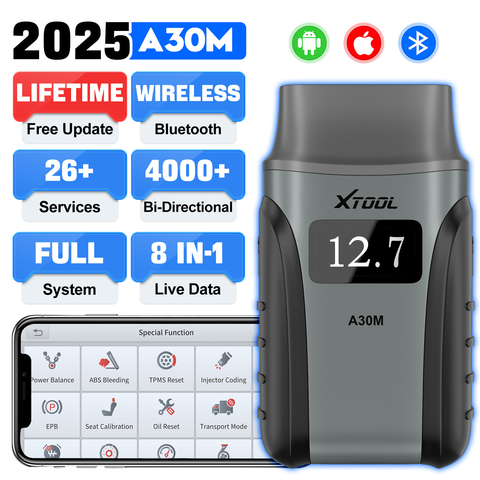 XTOOL A30M Car Bidirectional Scan Tool Diagnostic Scanner Code Reader 26+ Resets