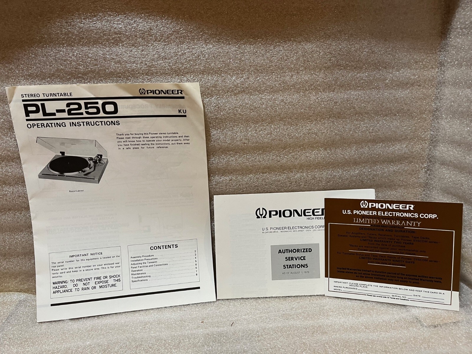 OEM Pioneer PL-250 Operating Instructions & 2 other pieces Original NOT COPY